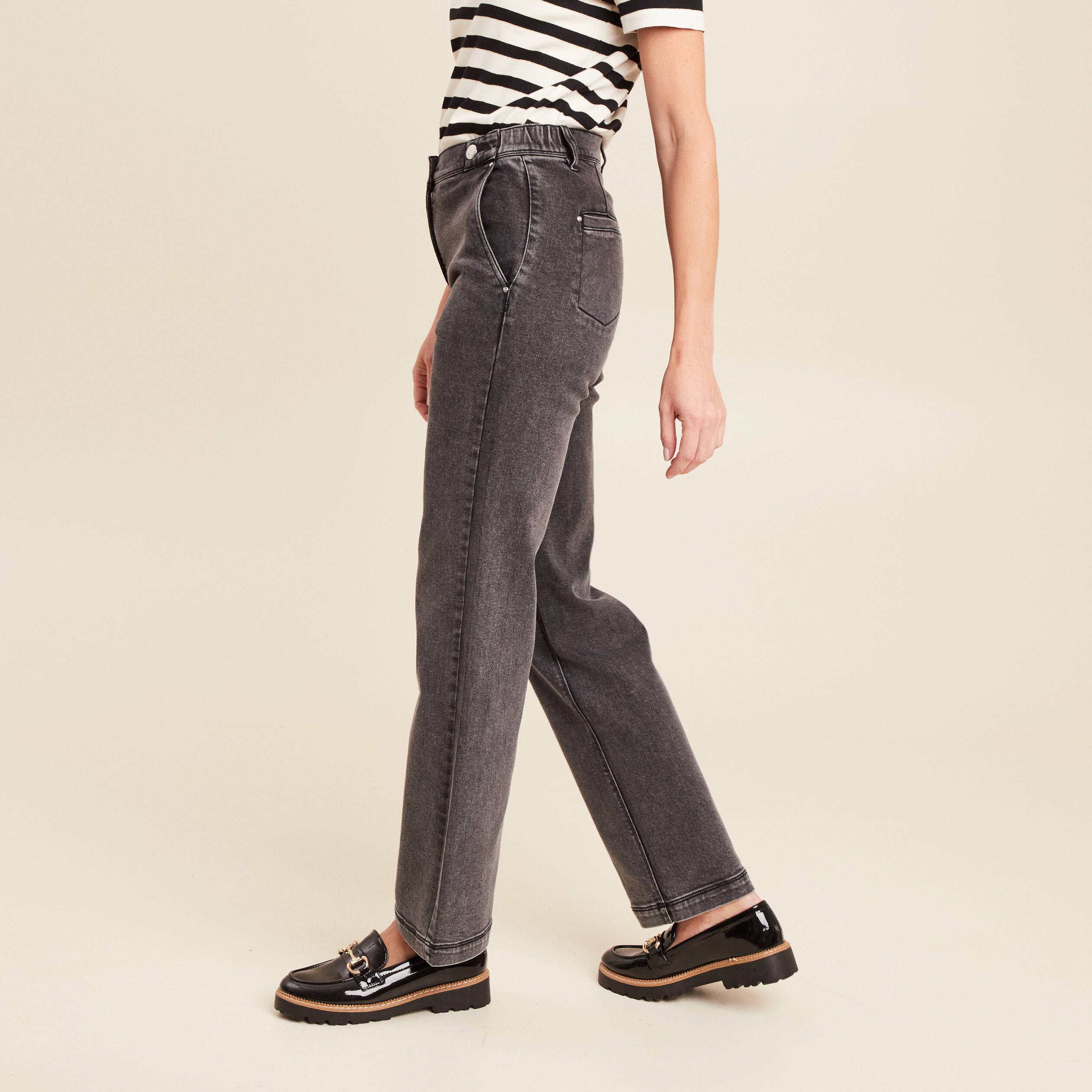 jean droit taille haute long denim gris femme Jean droit taille haute long denim gris femme
