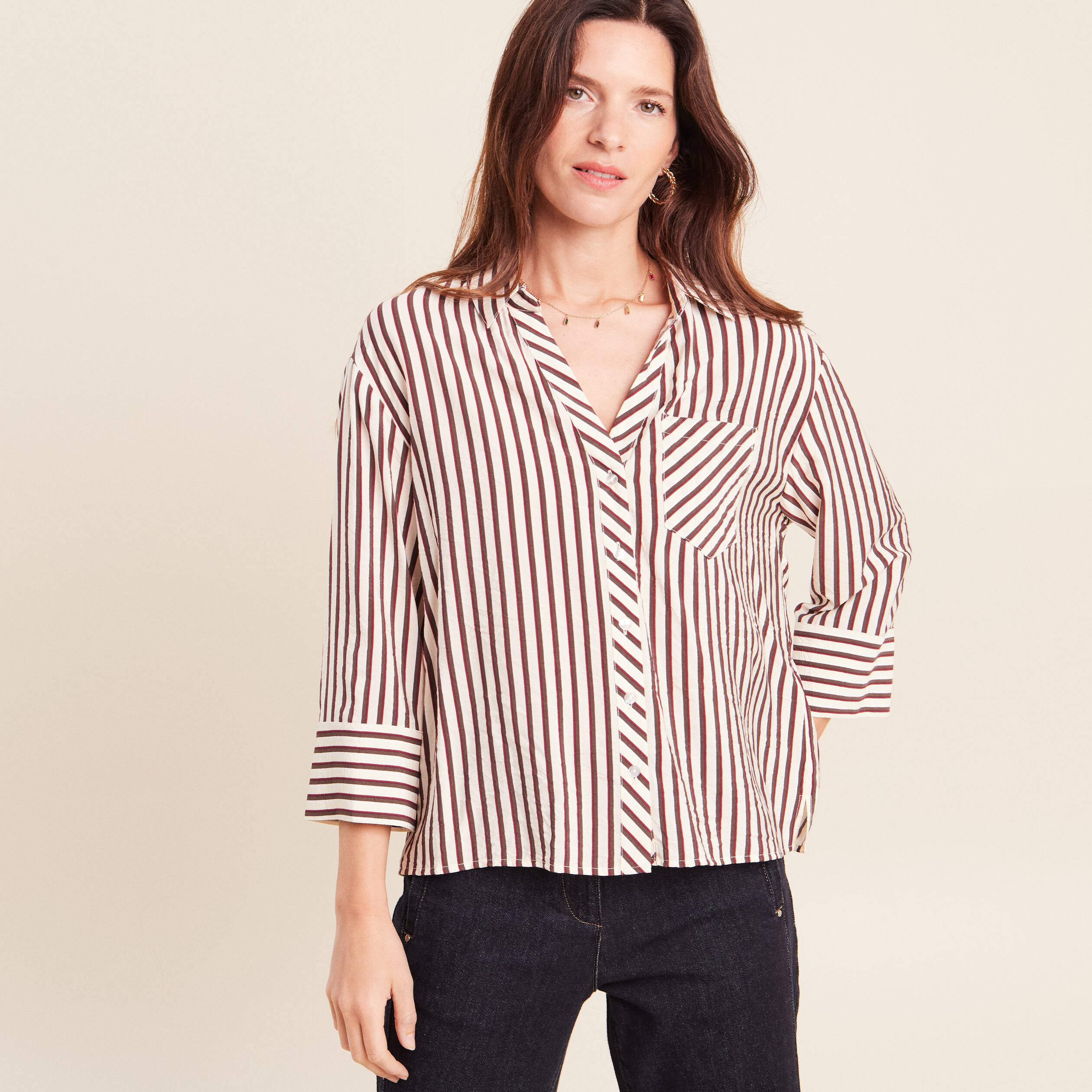 Chemise ample manches 3/4 marron femme