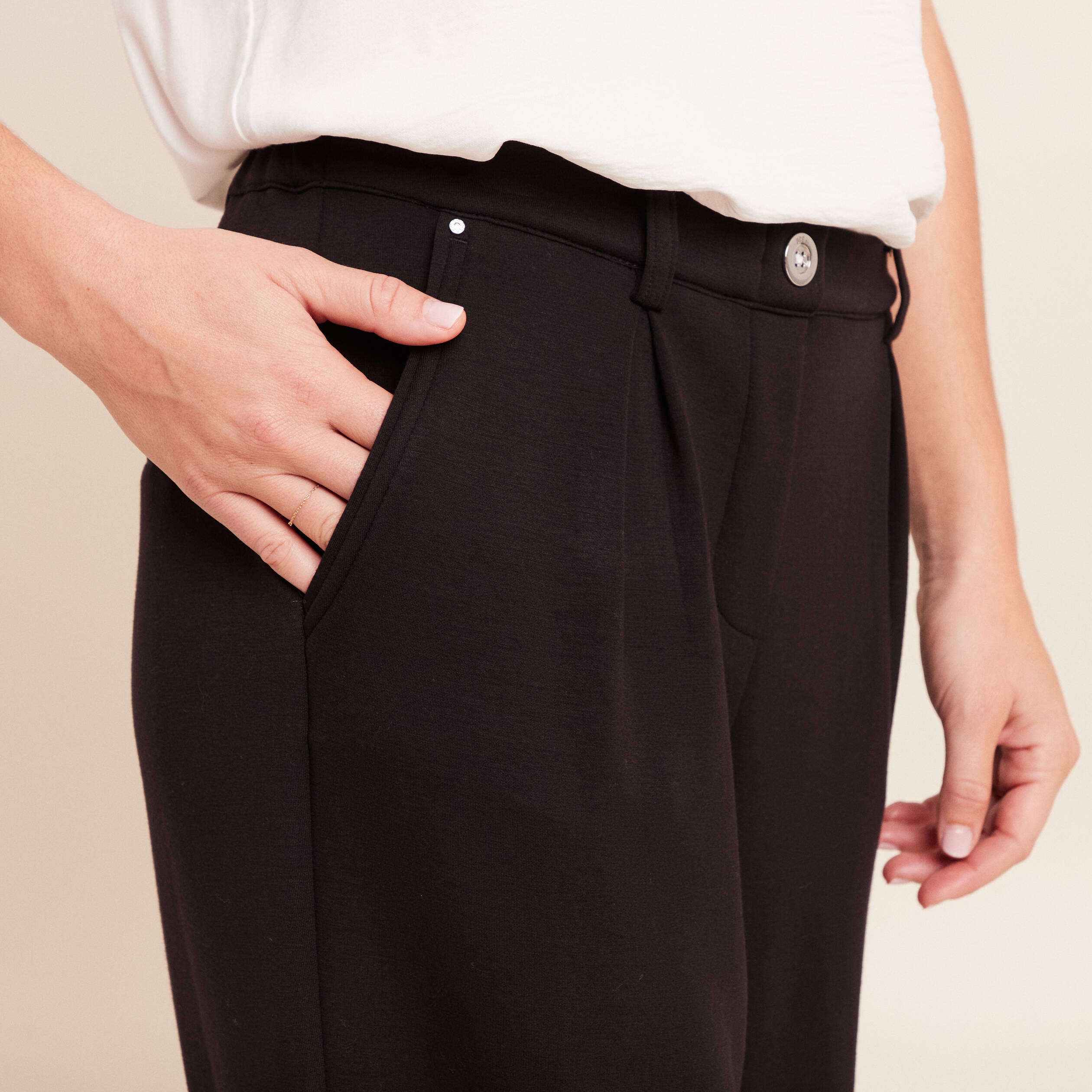 Pantalon coupe large taille haute maille noir femme