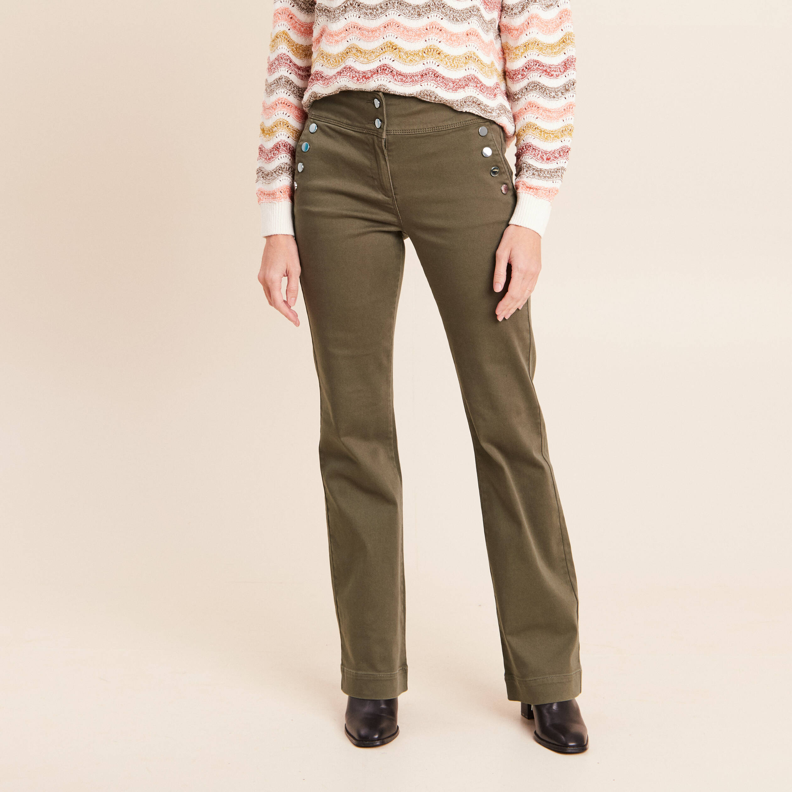 Pantalon coupe bootcut &agrave; pont vert kaki femme