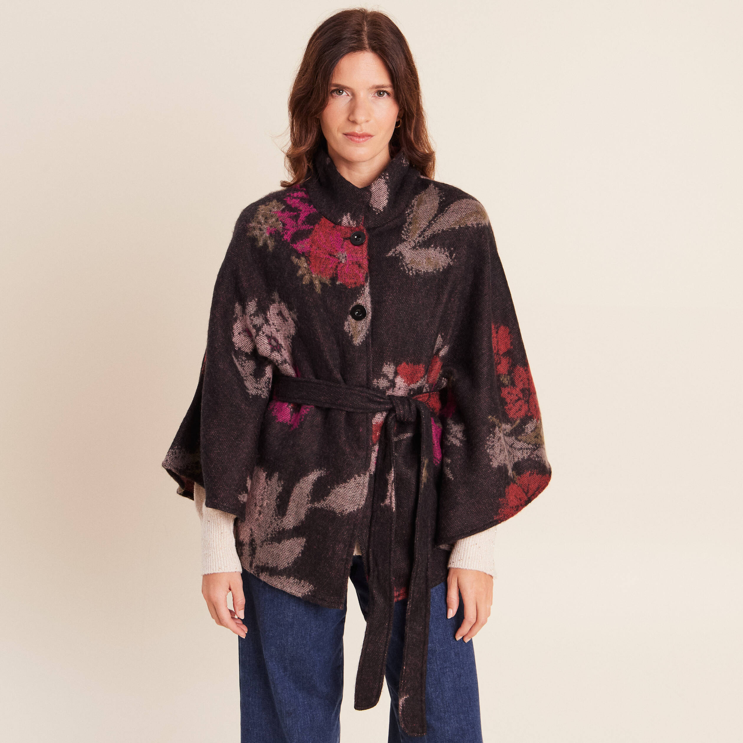 Poncho ceintur&eacute; jacquard multicolore femme