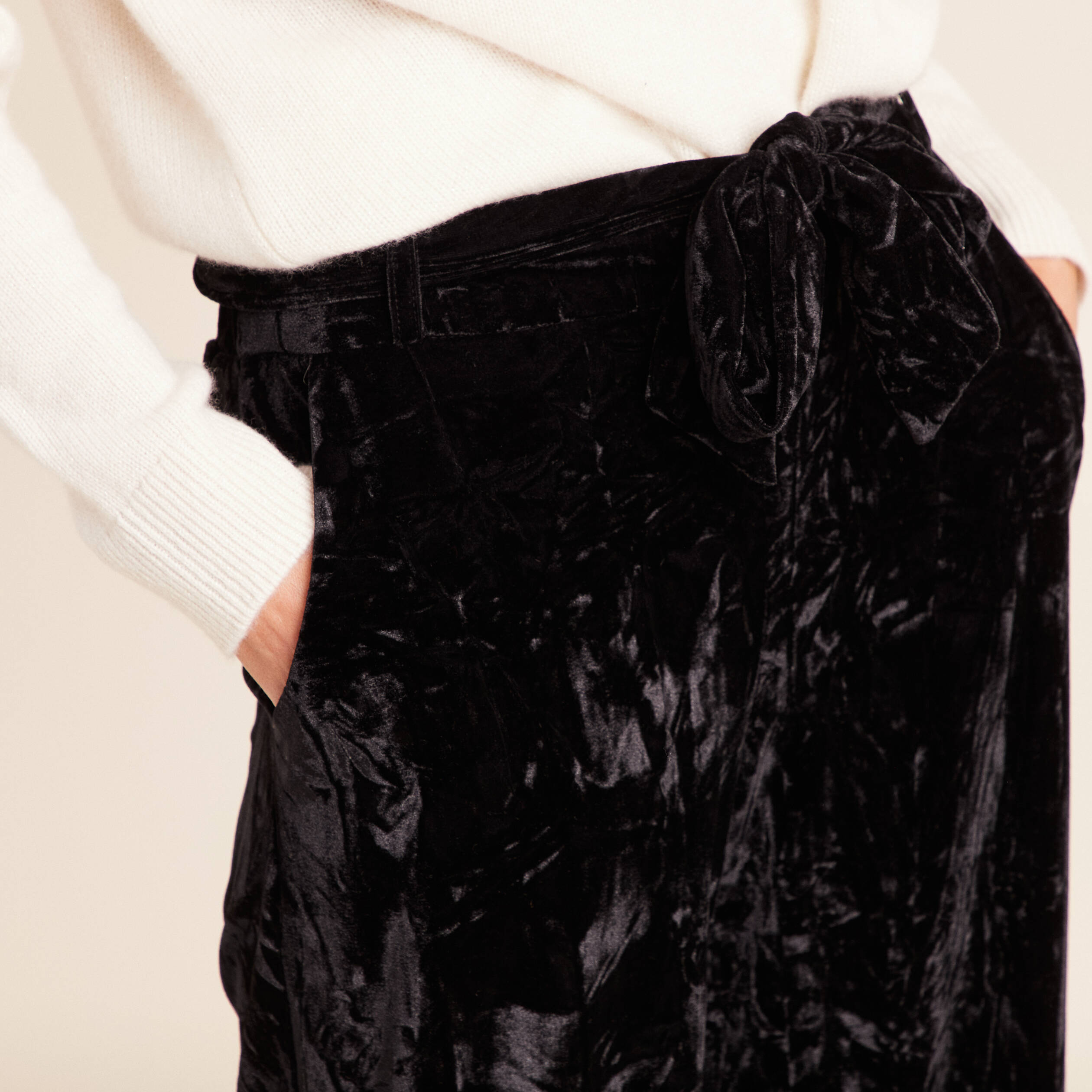 Pantalon large taille haute velours noir femme