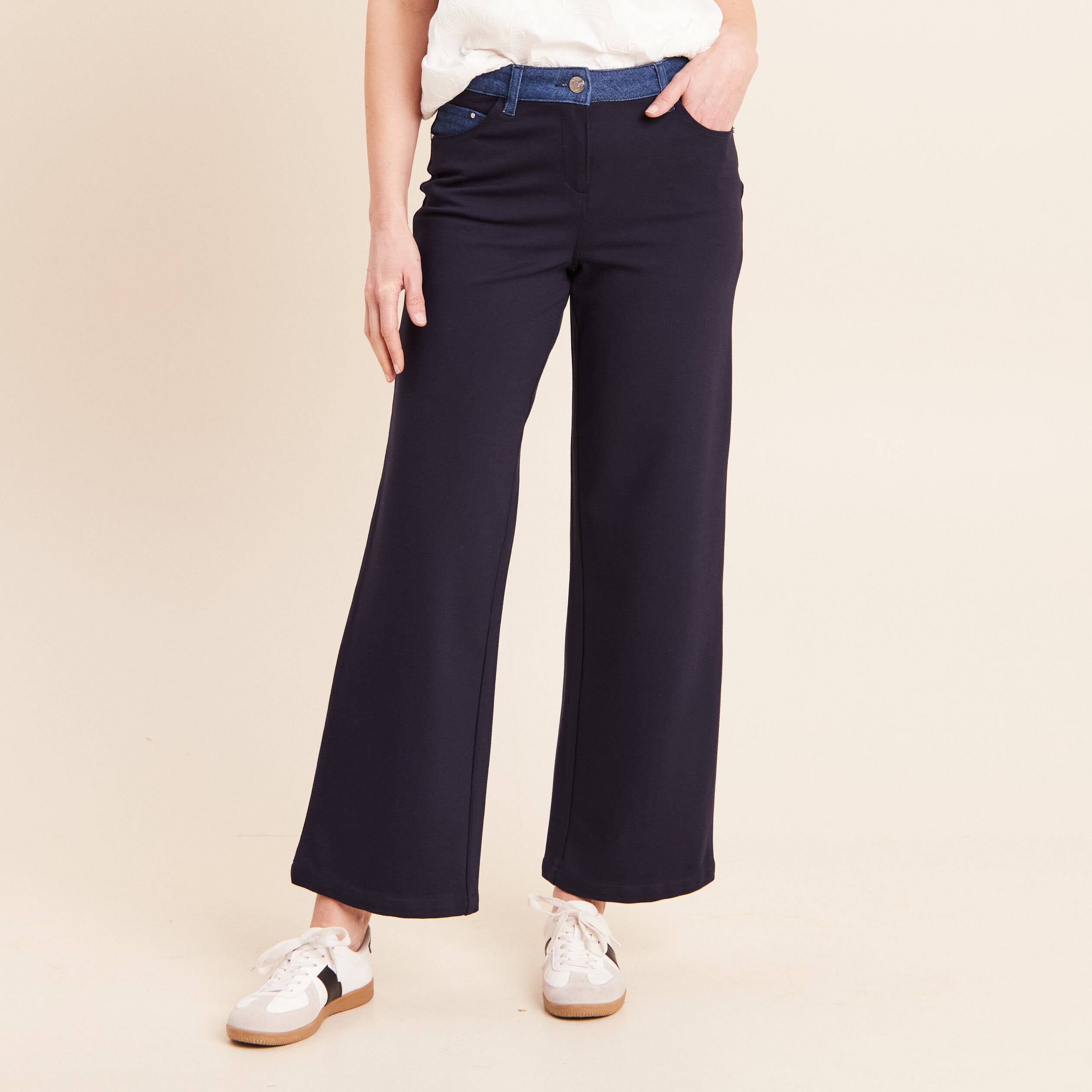 Pantalon large bi-mati&egrave;re bleu fonc&eacute; femme