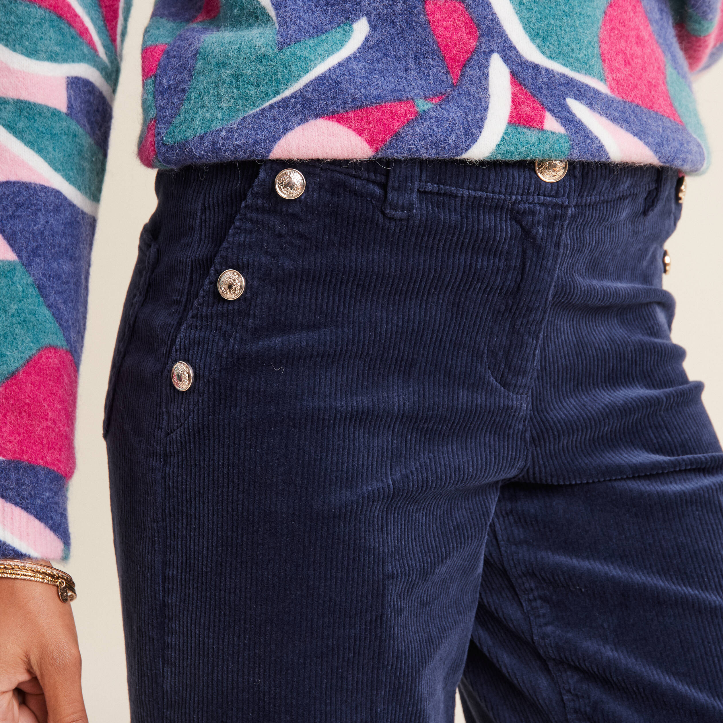 Pantalon large velours c&ocirc;tel&eacute; bleu marine femme