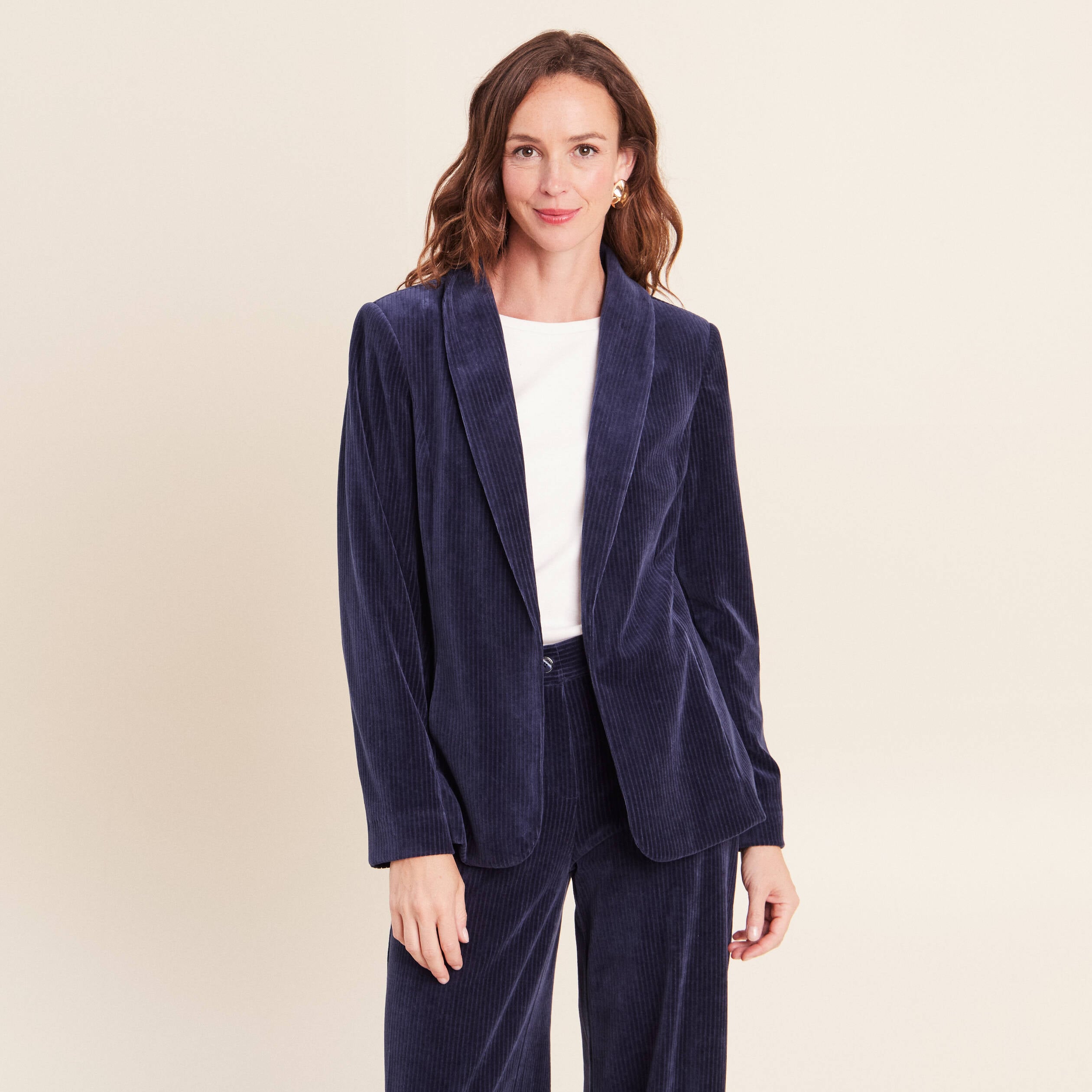 Veste tailleur velours bleu marine femme