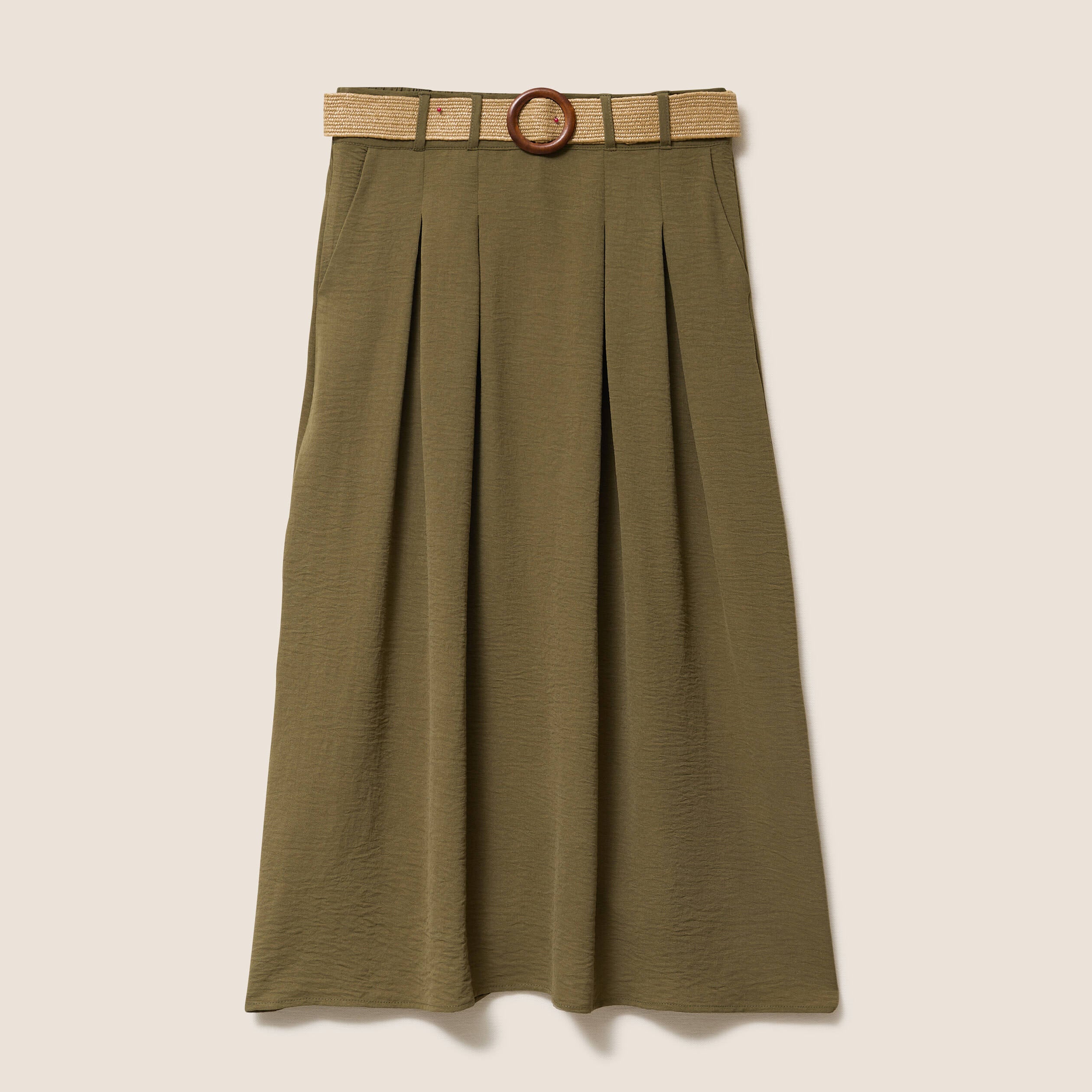 Jupe longue &eacute;vas&eacute;e ceintur&eacute;e vert kaki femme