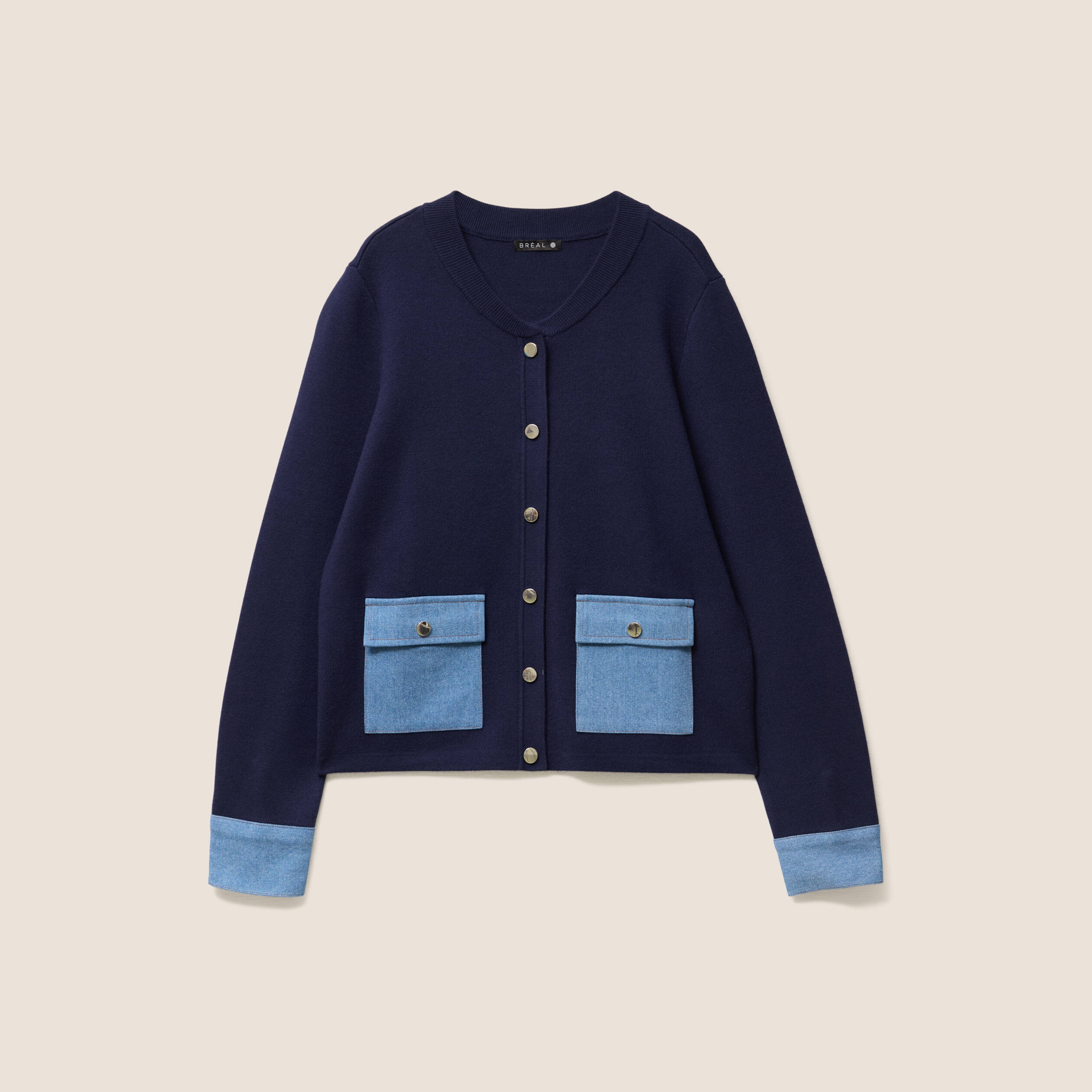 gilet droit court manches longues bleu marine femme