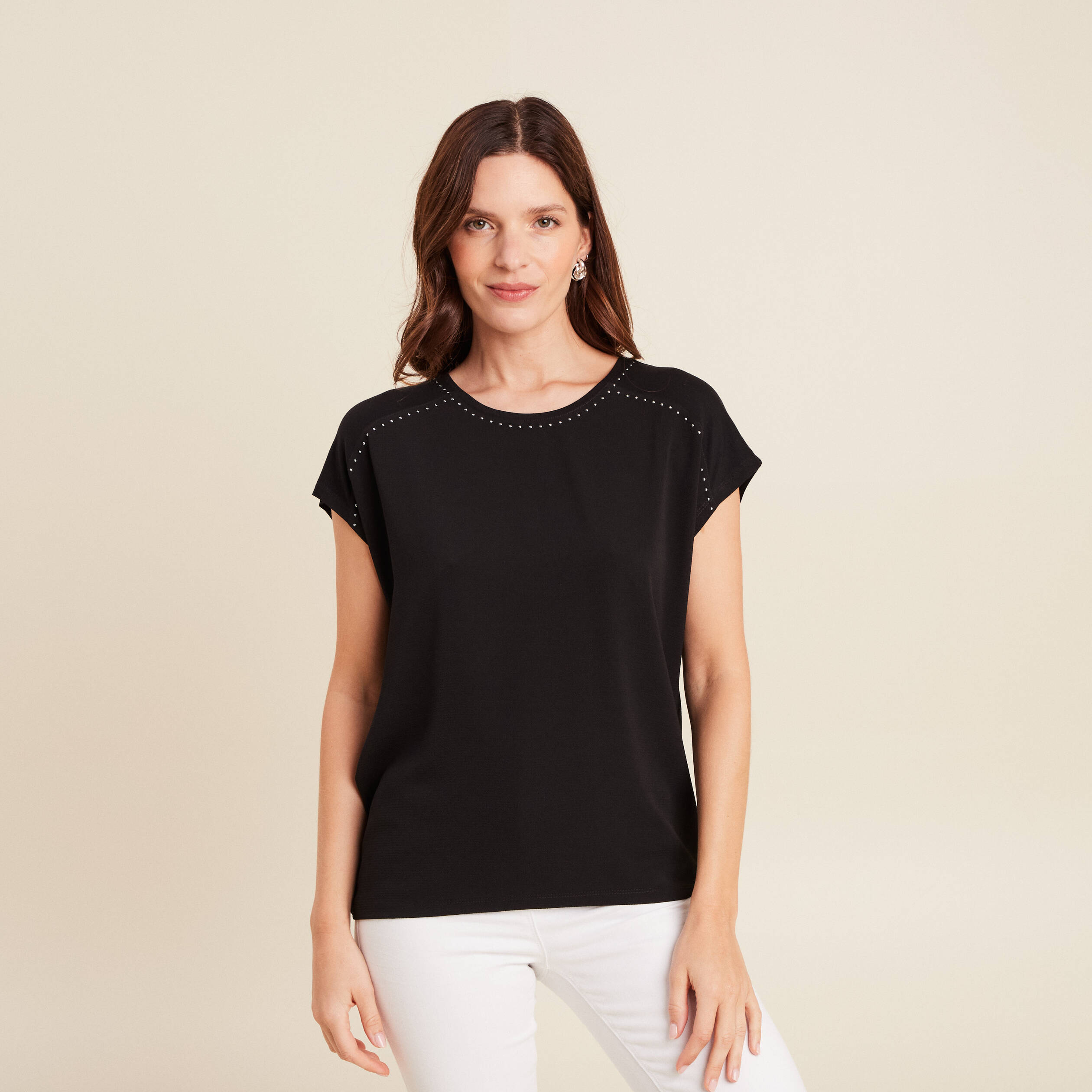 T-shirt bi-mati&egrave;re manches courtes noir femme