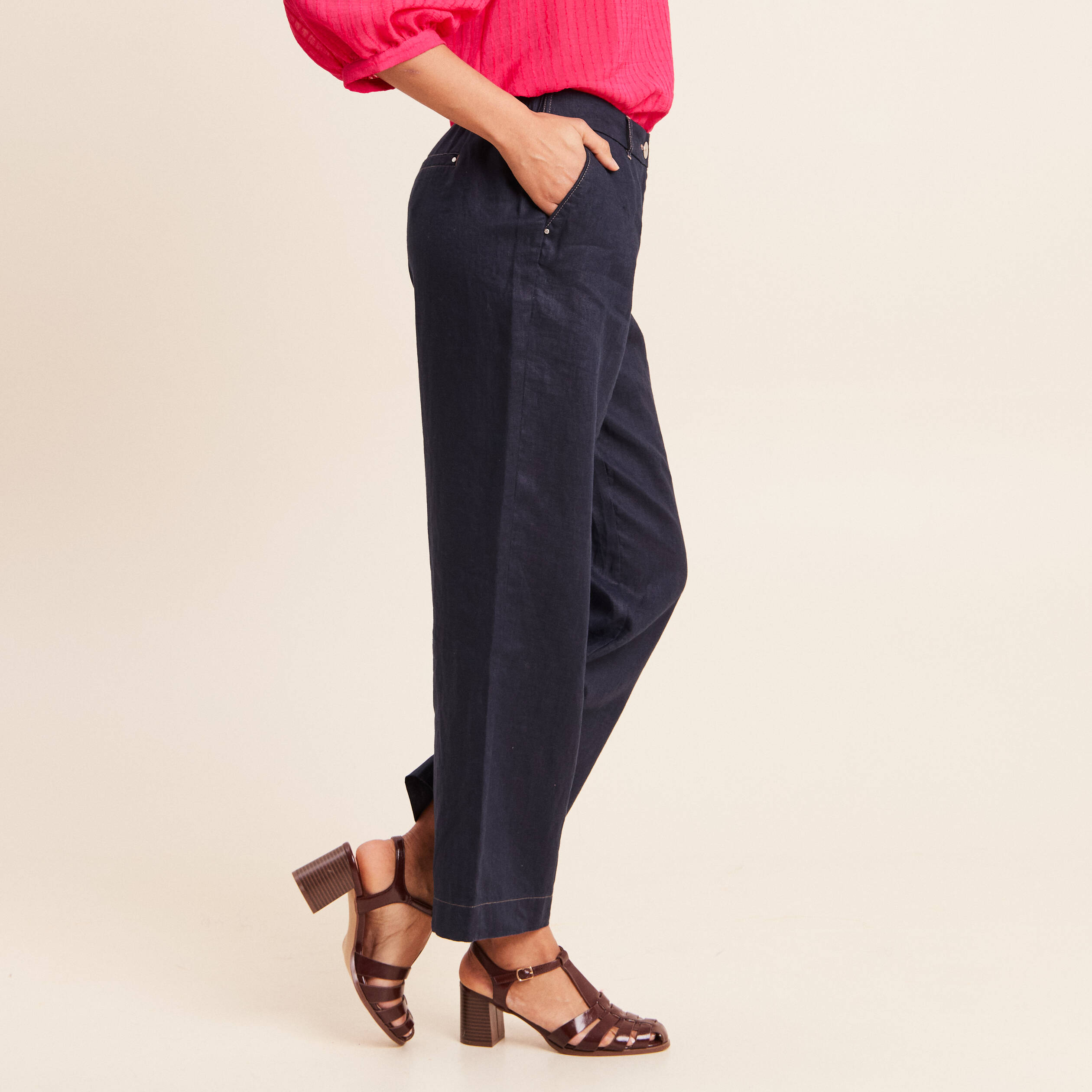 Pantalon large taille standard bleu fonc&eacute; femme
