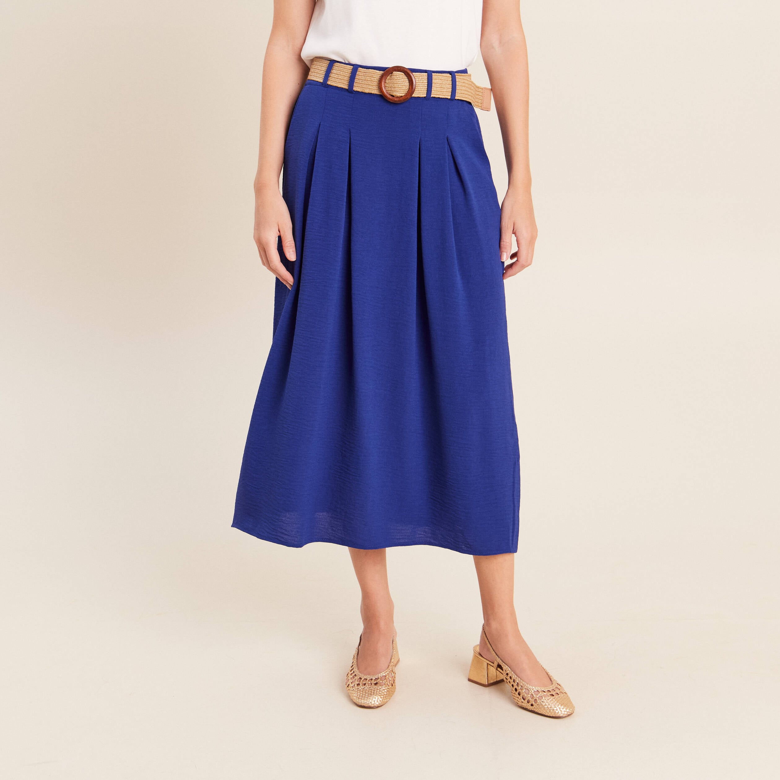 Jupe longue &eacute;vas&eacute;e ceintur&eacute;e bleu fonc&eacute; femme