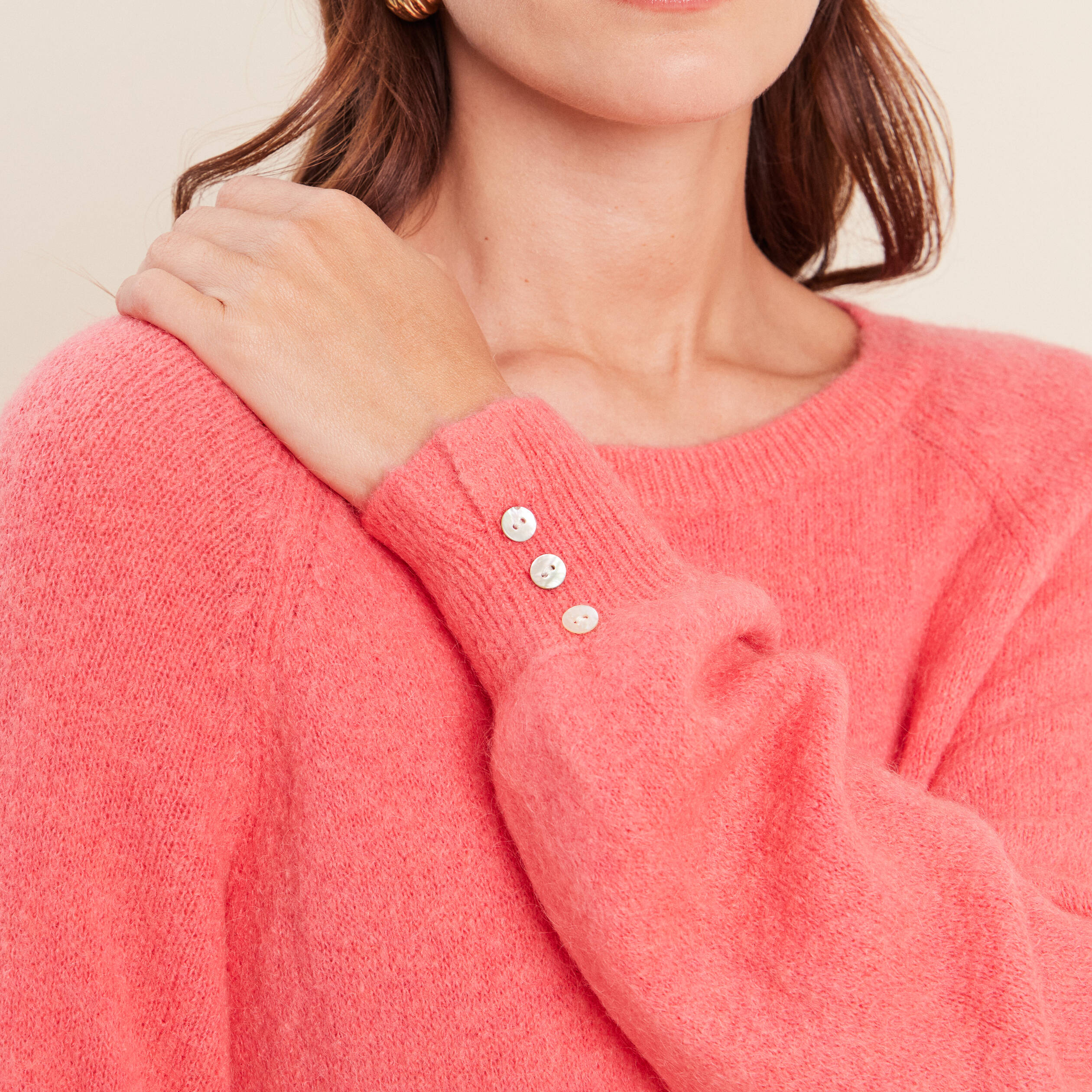 Pull col rond manches longues rose framboise femme