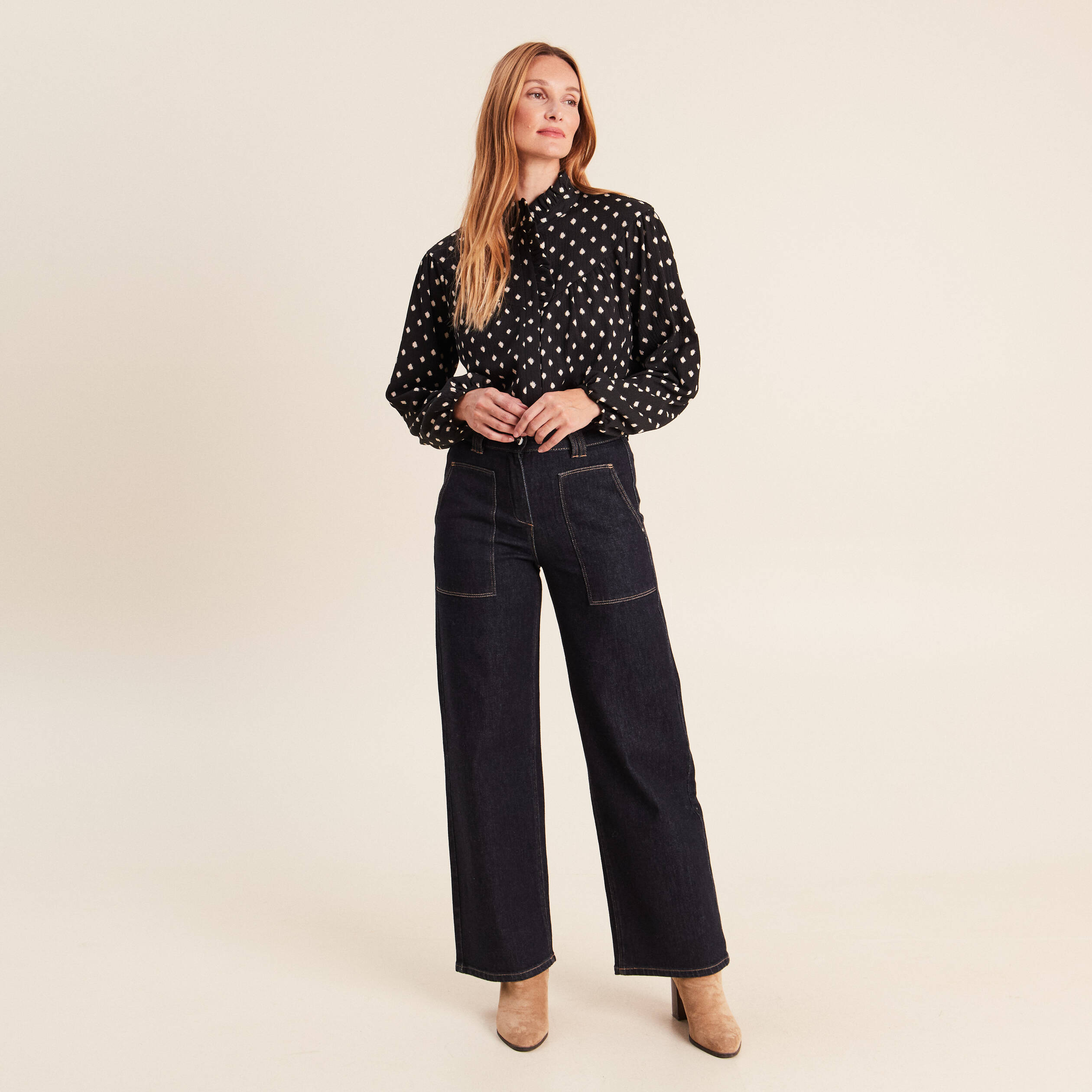 Blouse droite manches longues noir femme
