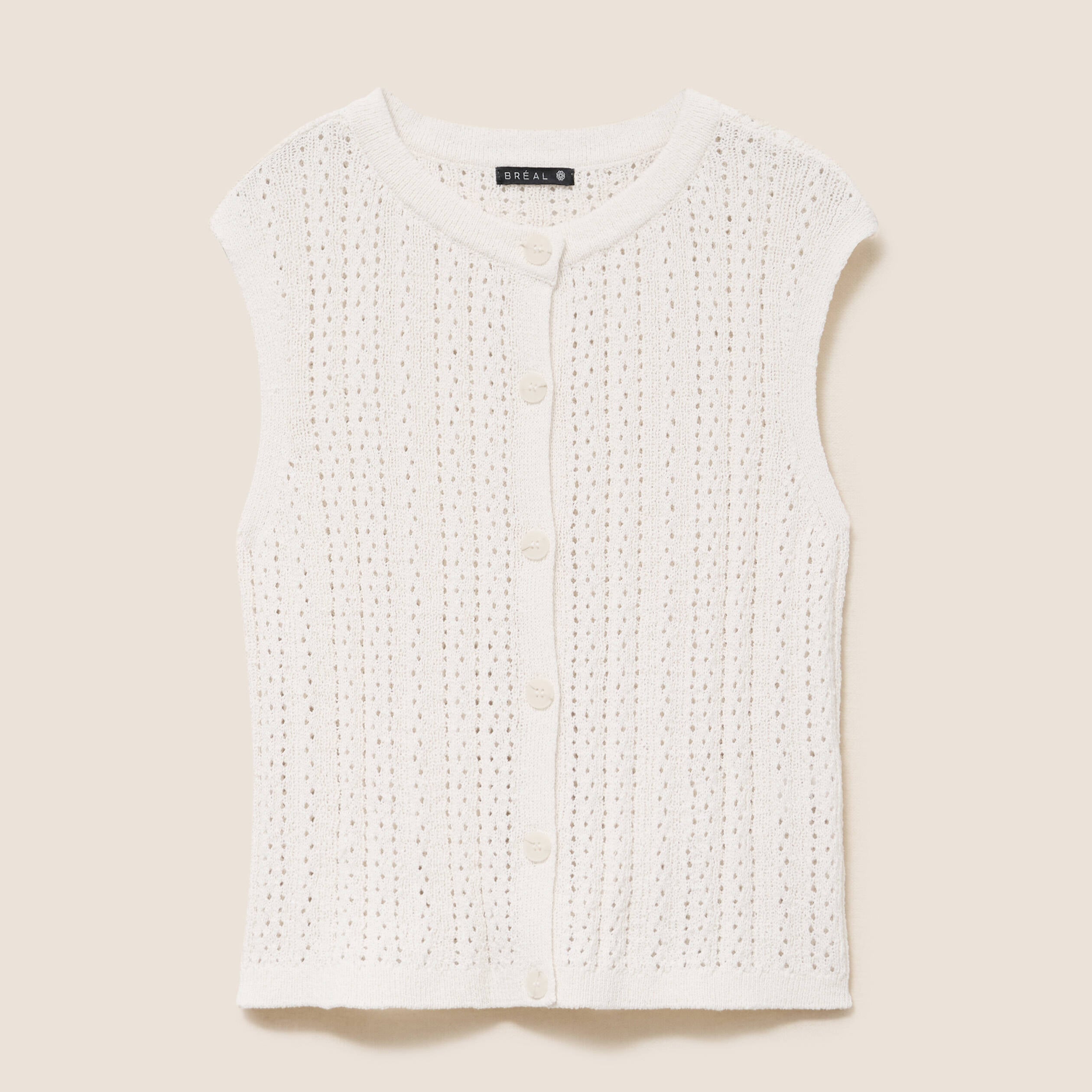 Gilet ajour&eacute; droit court col rond ecru femme