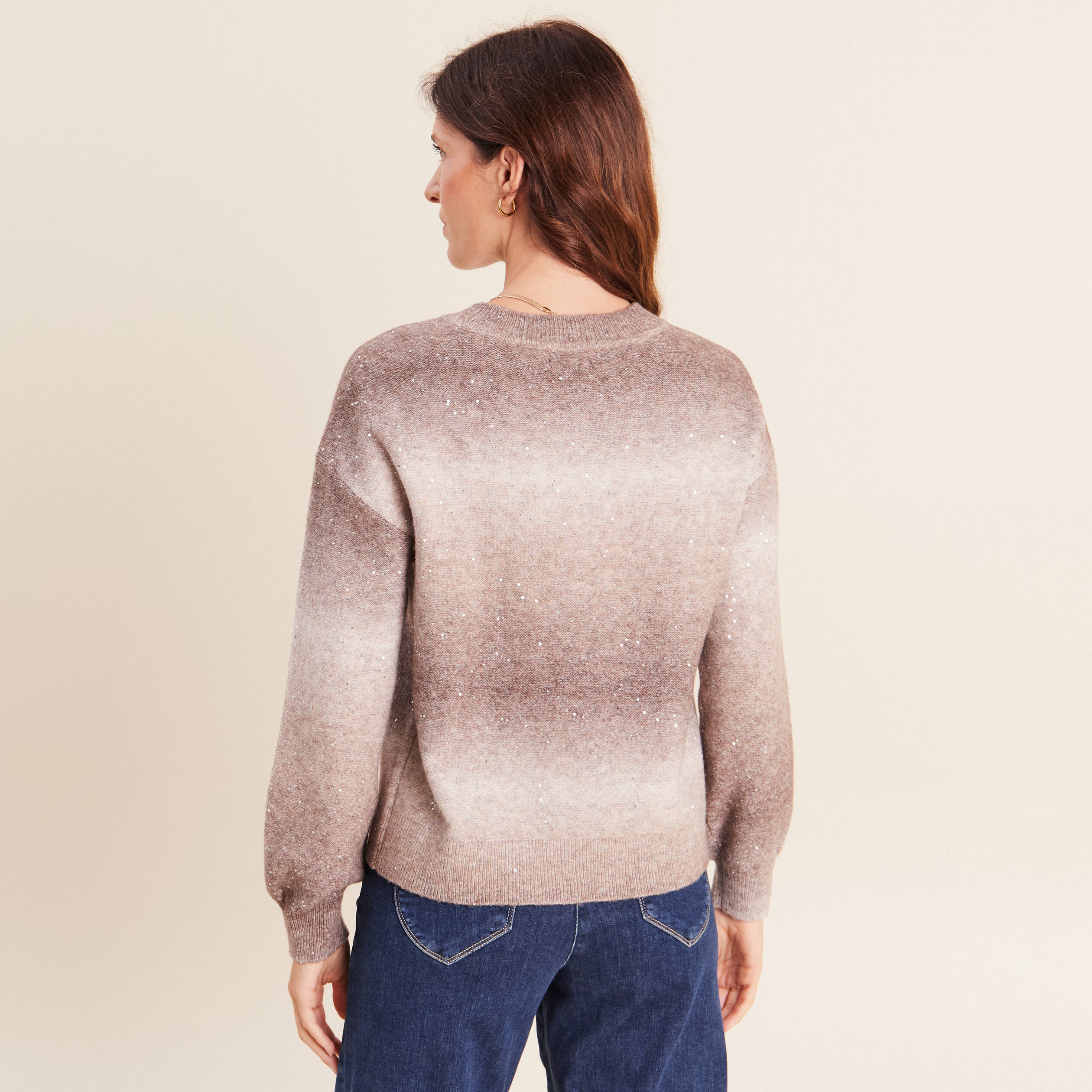 Pull col rond &agrave; sequins taupe femme