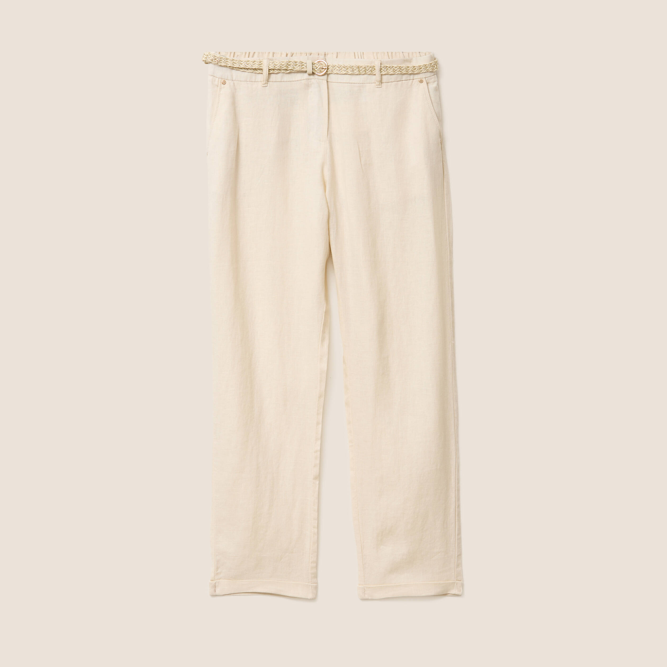 Pantalon coupe chino en lin ceintur&eacute; beige femme