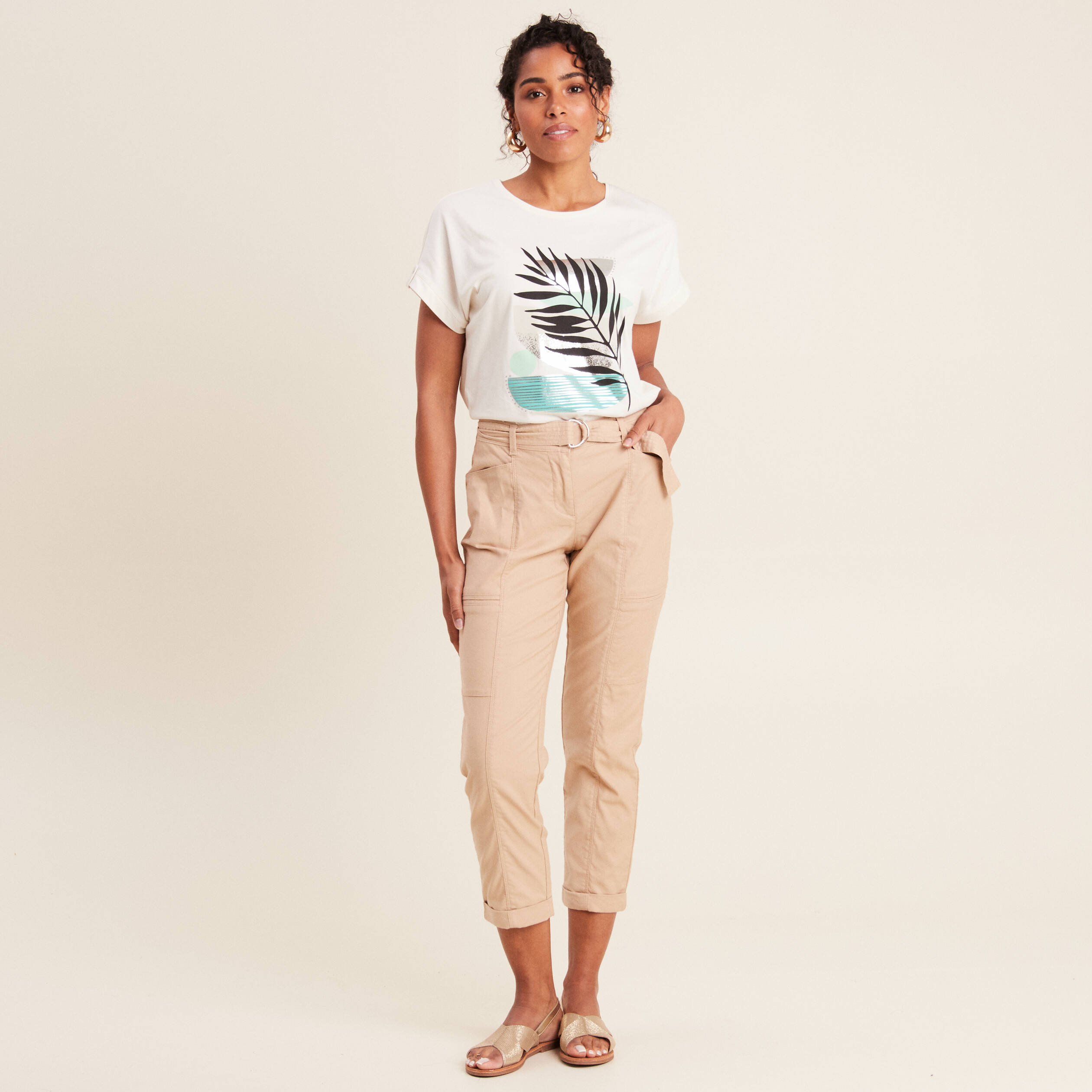 pantalon ajuste 78eme beige femme Pantalon ajusté 7/8ème beige femme