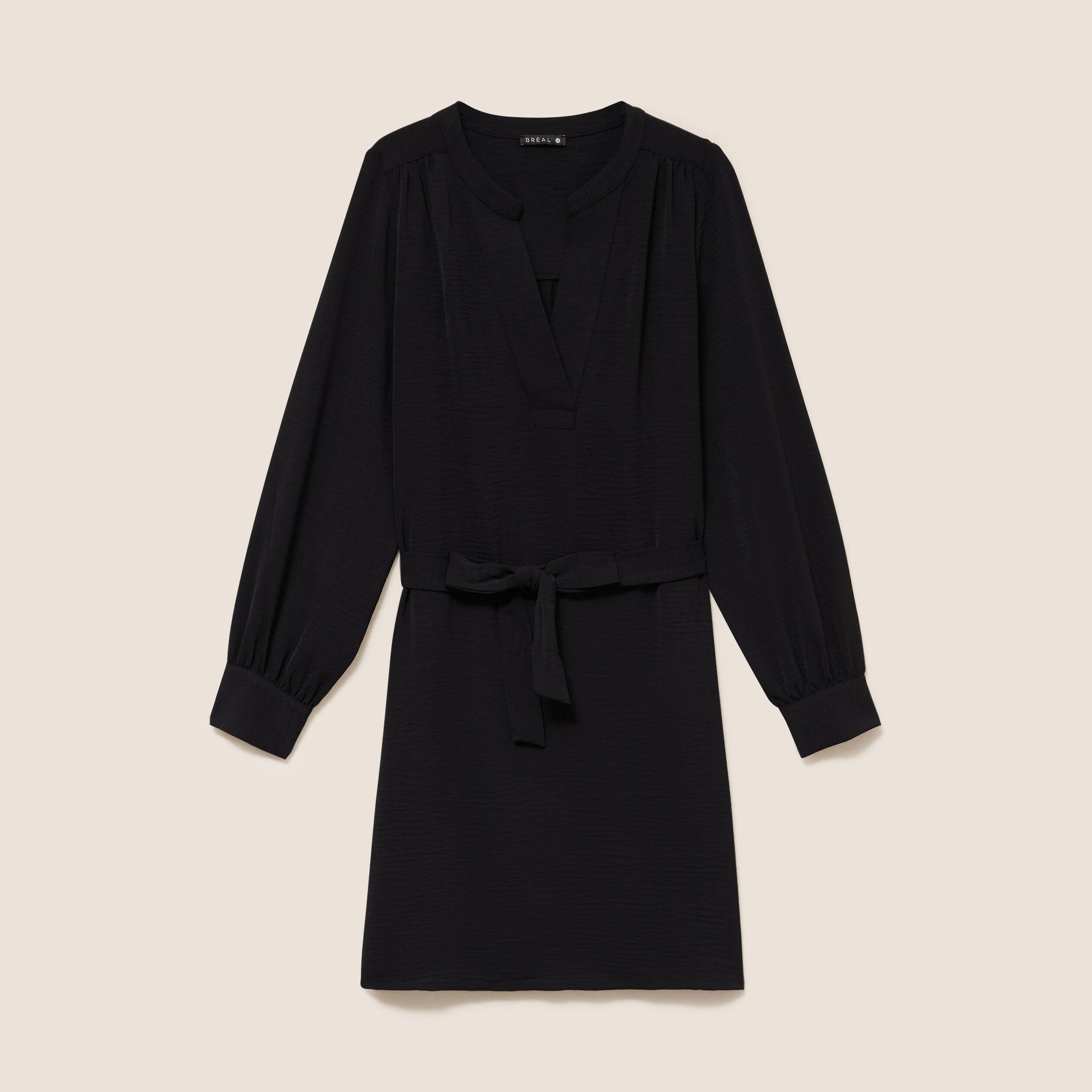 Robe droite courte col v manches longues noir femme