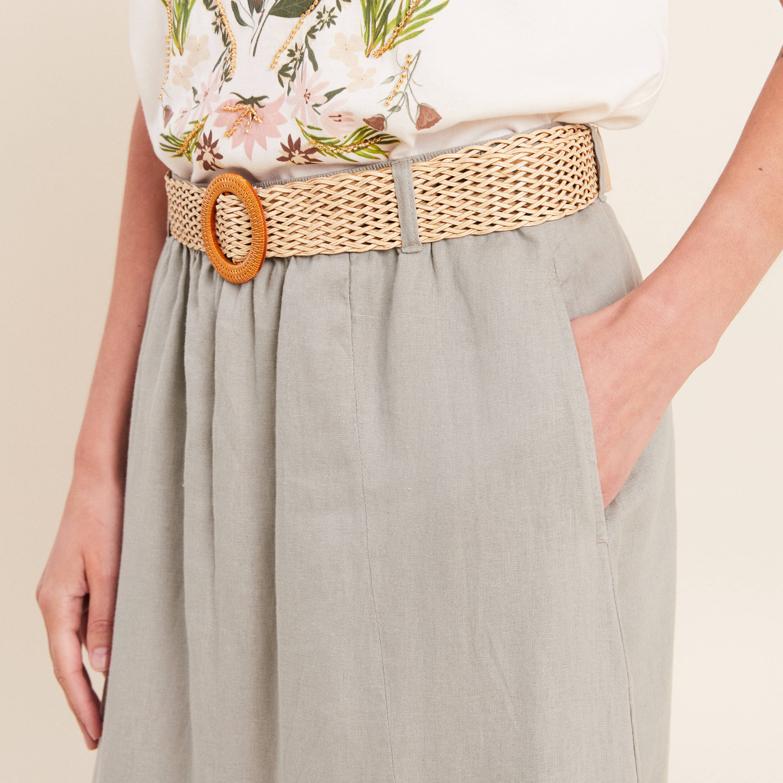 Jupe aspect lin avec ceinture amovible vert clair femme