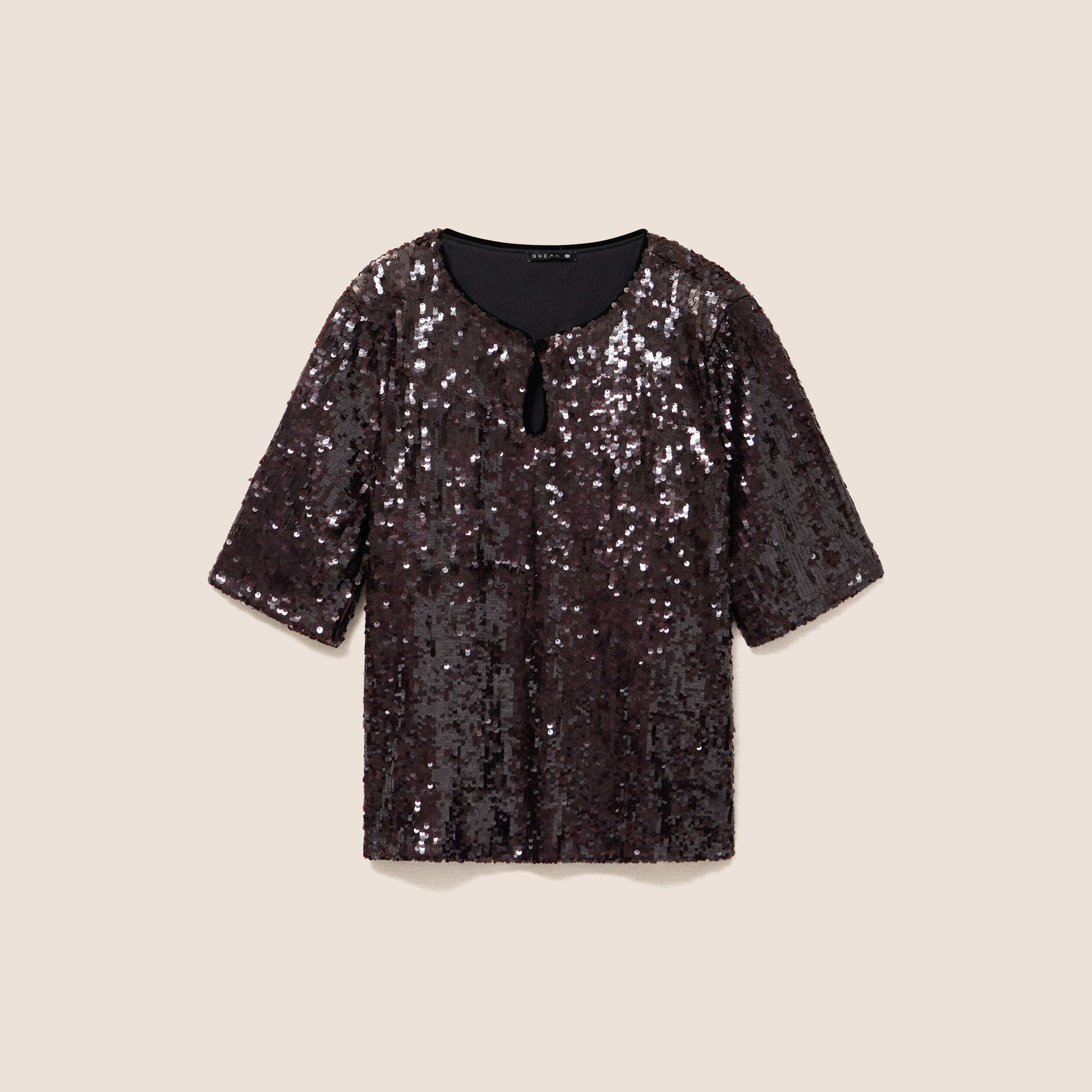 T-shirt &agrave; sequins manches courtes marron fonc&eacute; femme