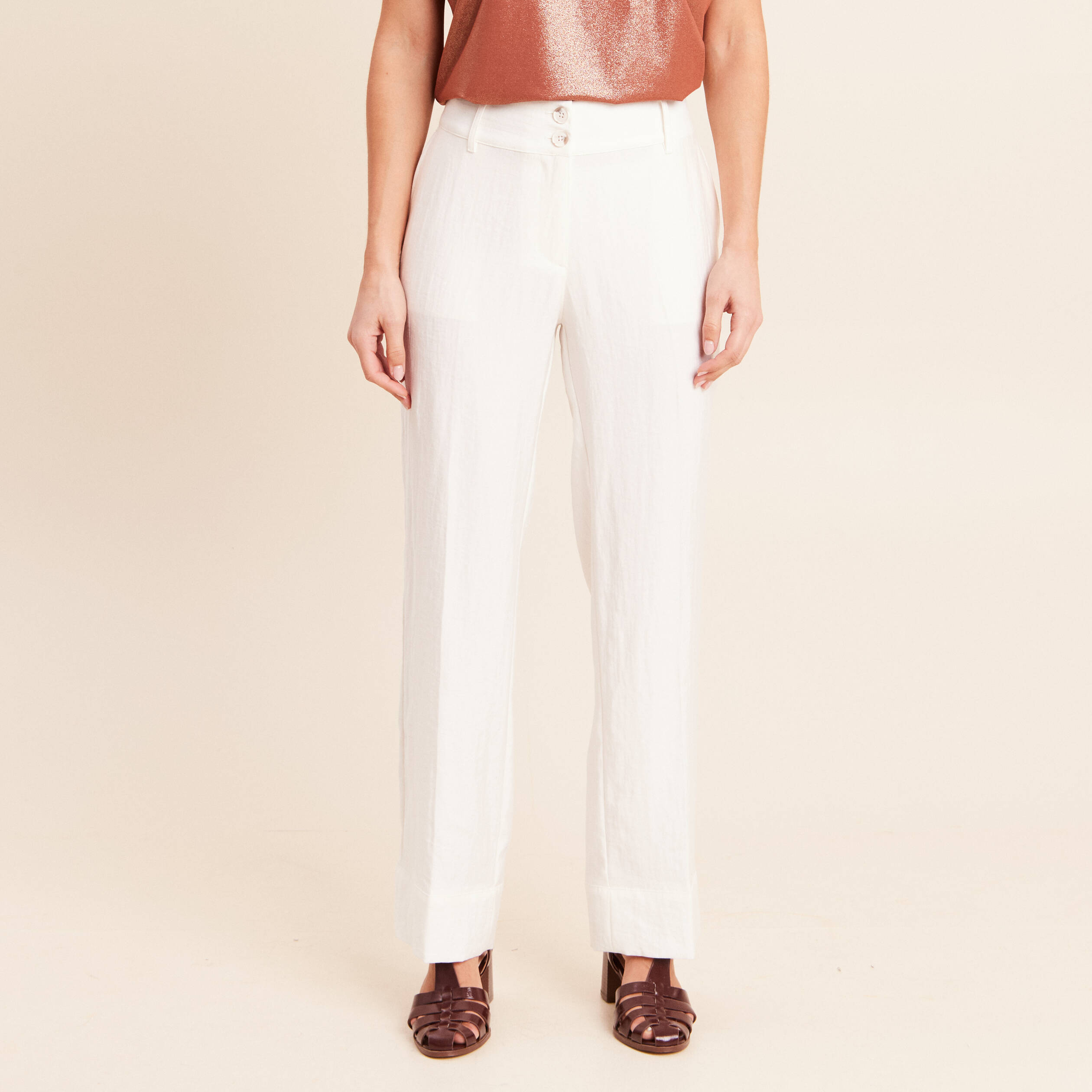 Pantalon coupe droite taille haute ecru femme