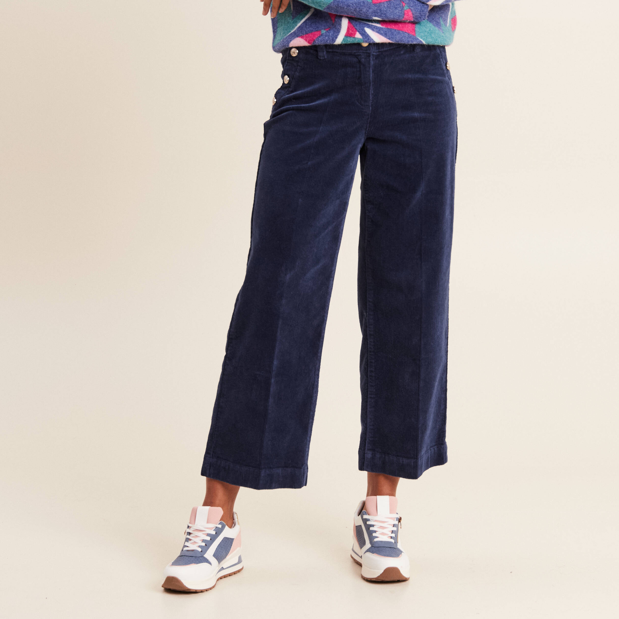 Pantalon large velours c&ocirc;tel&eacute; bleu marine femme