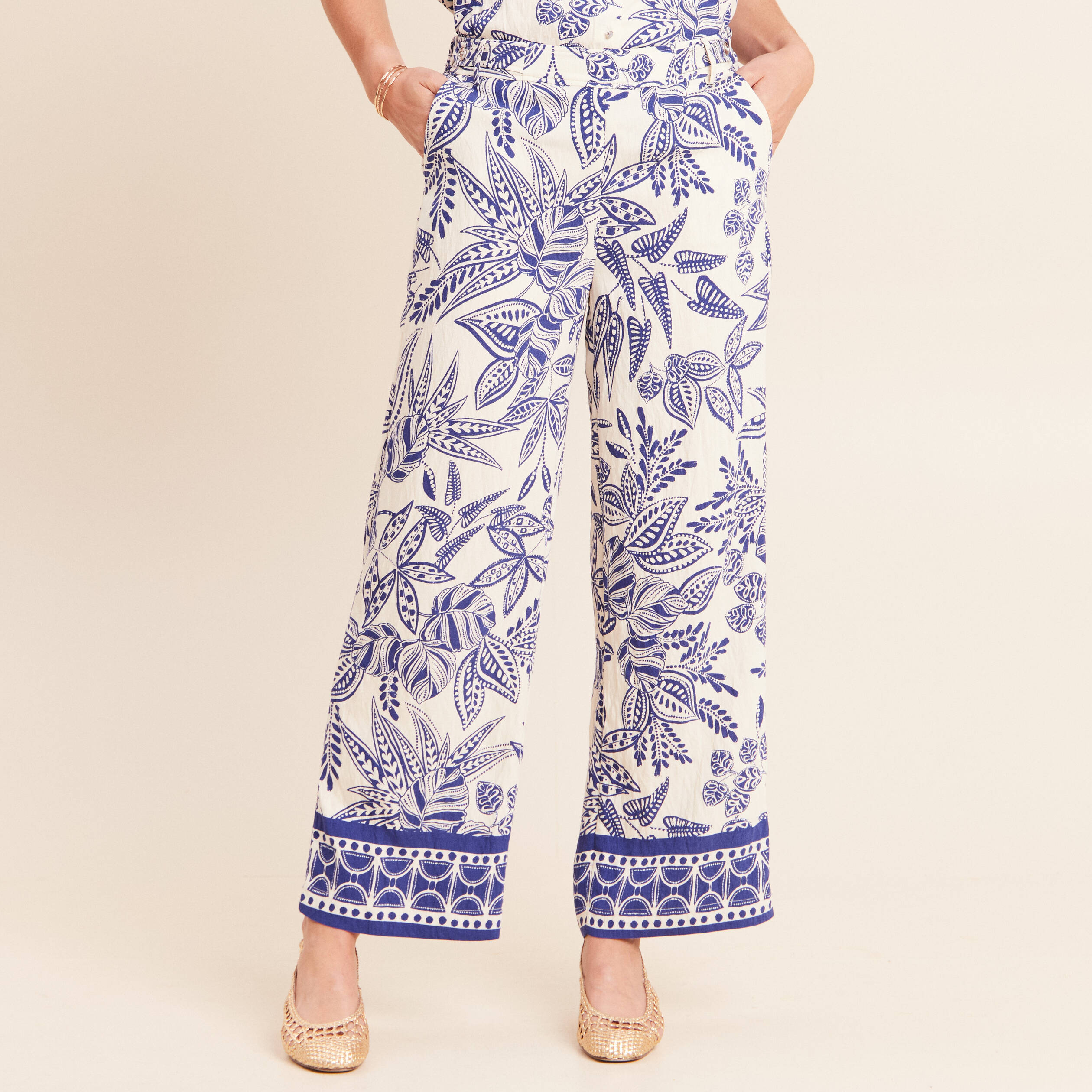 Pantalon large 7/8&egrave;me taille haute bleu femme