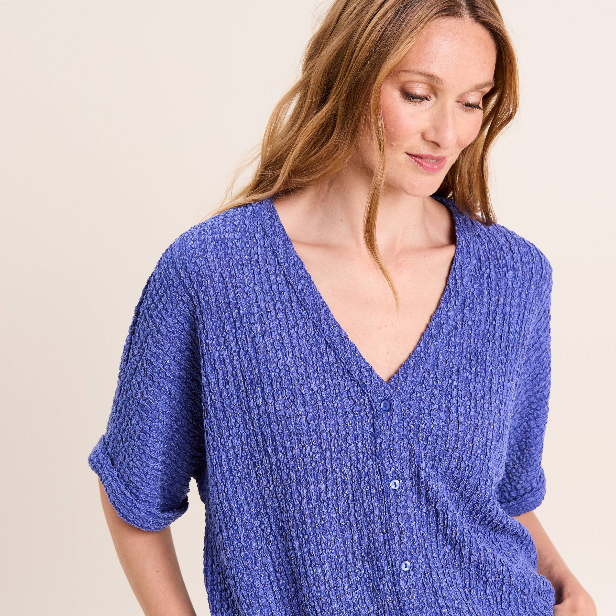 Chemisette effet boule manches courtes bleu roi femme
