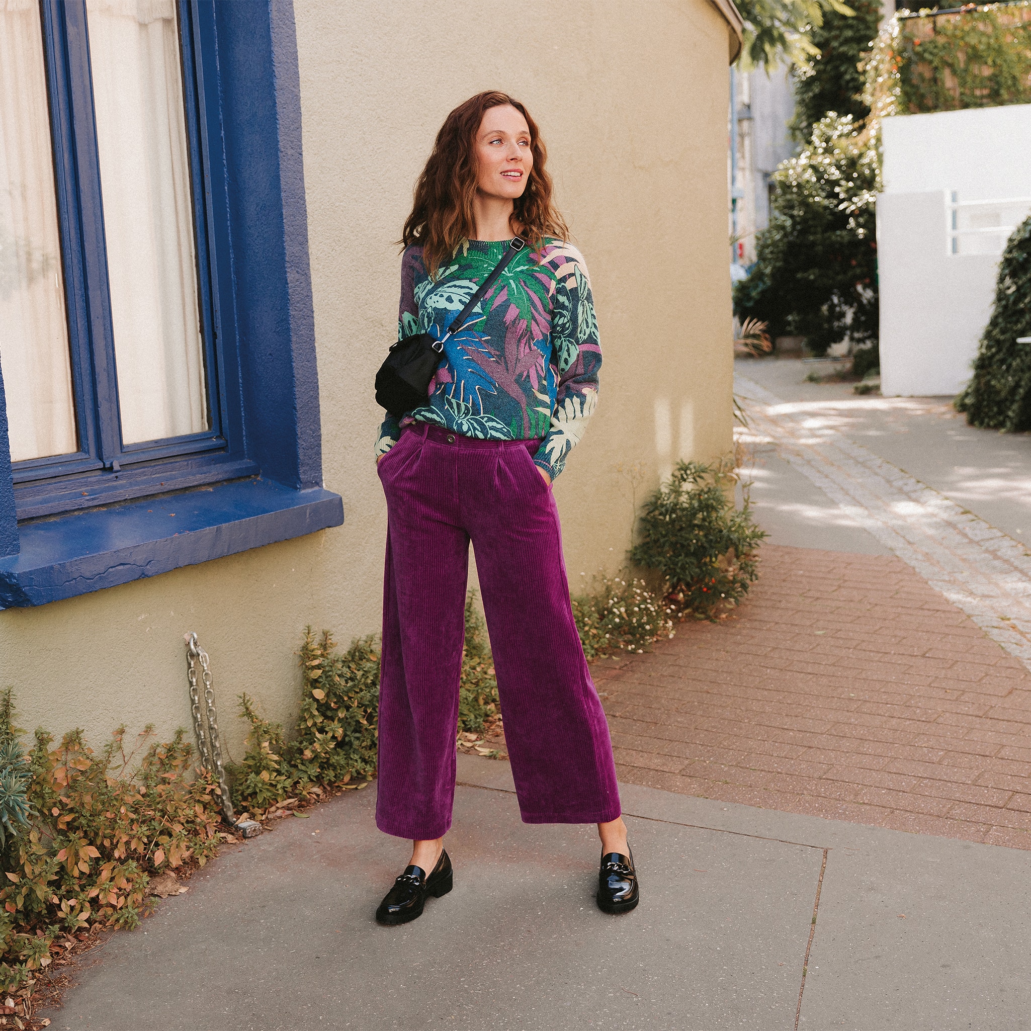 Pantalon large velours prune femme