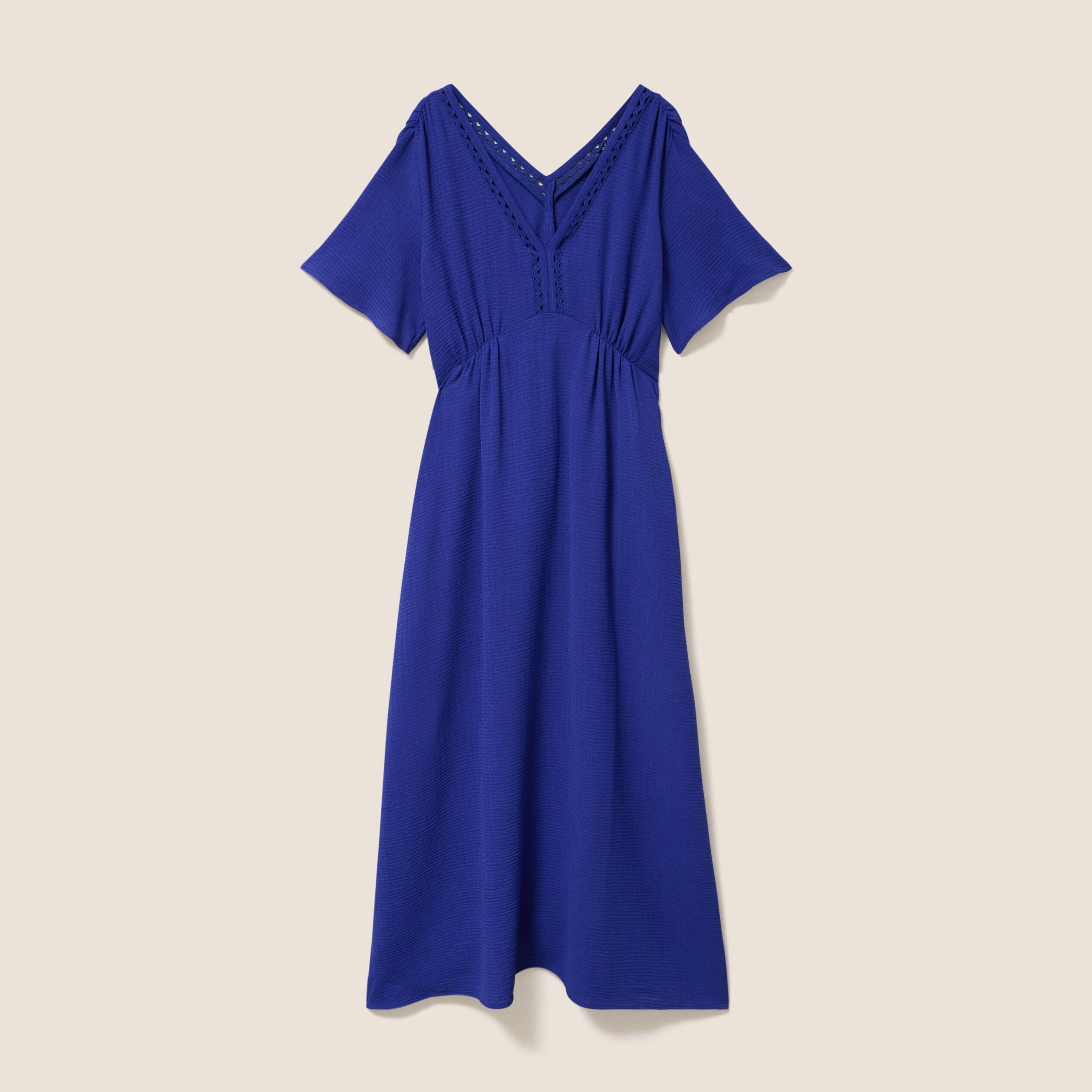 Robe longue &eacute;vas&eacute;e col v manches coudes bleu fonc&eacute; femme