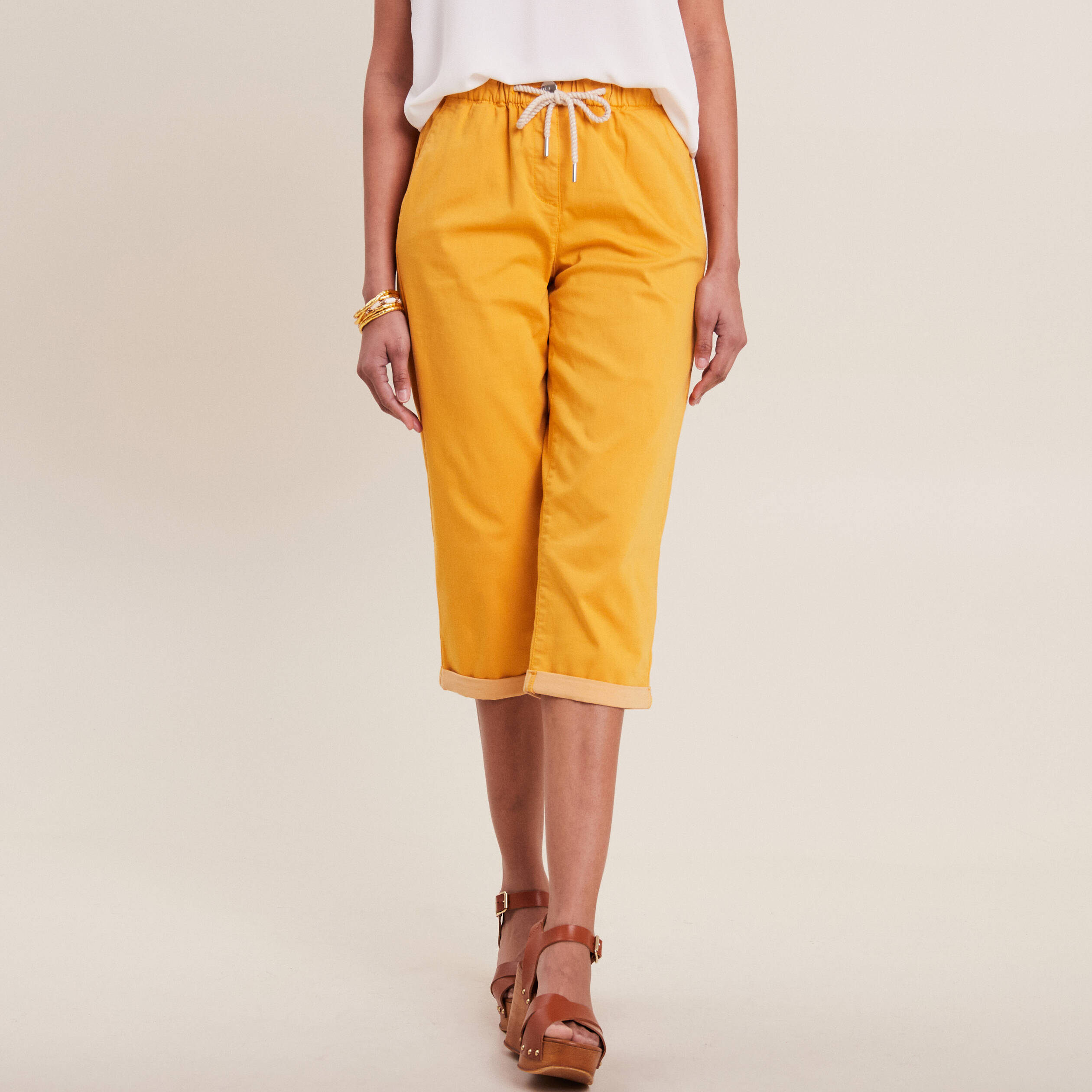 pantacourt large taille haute jaune moutarde femme Pantacourt large taille haute jaune moutarde femme