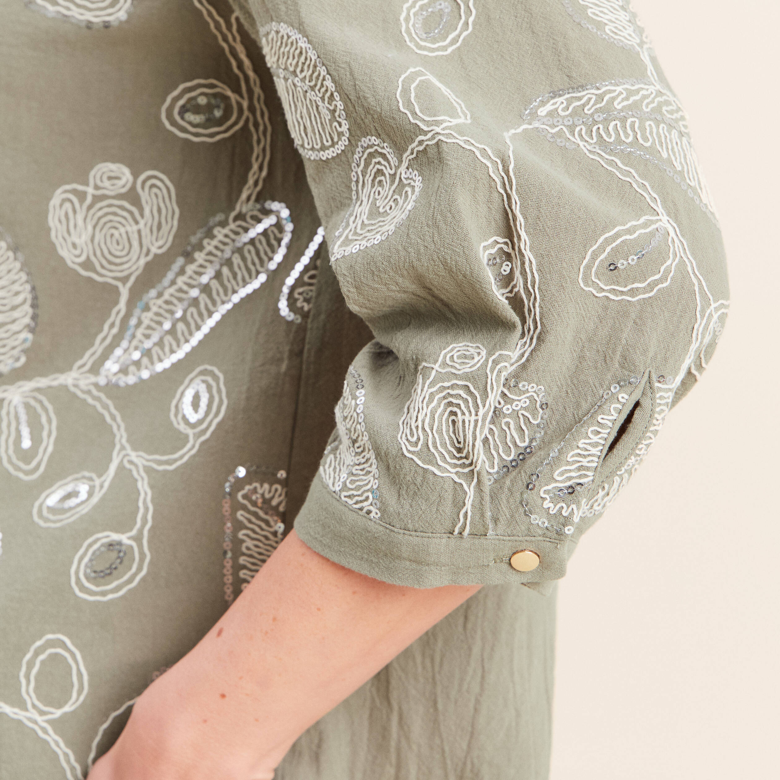 Blouse col tunisien manches 3/4 vert femme
