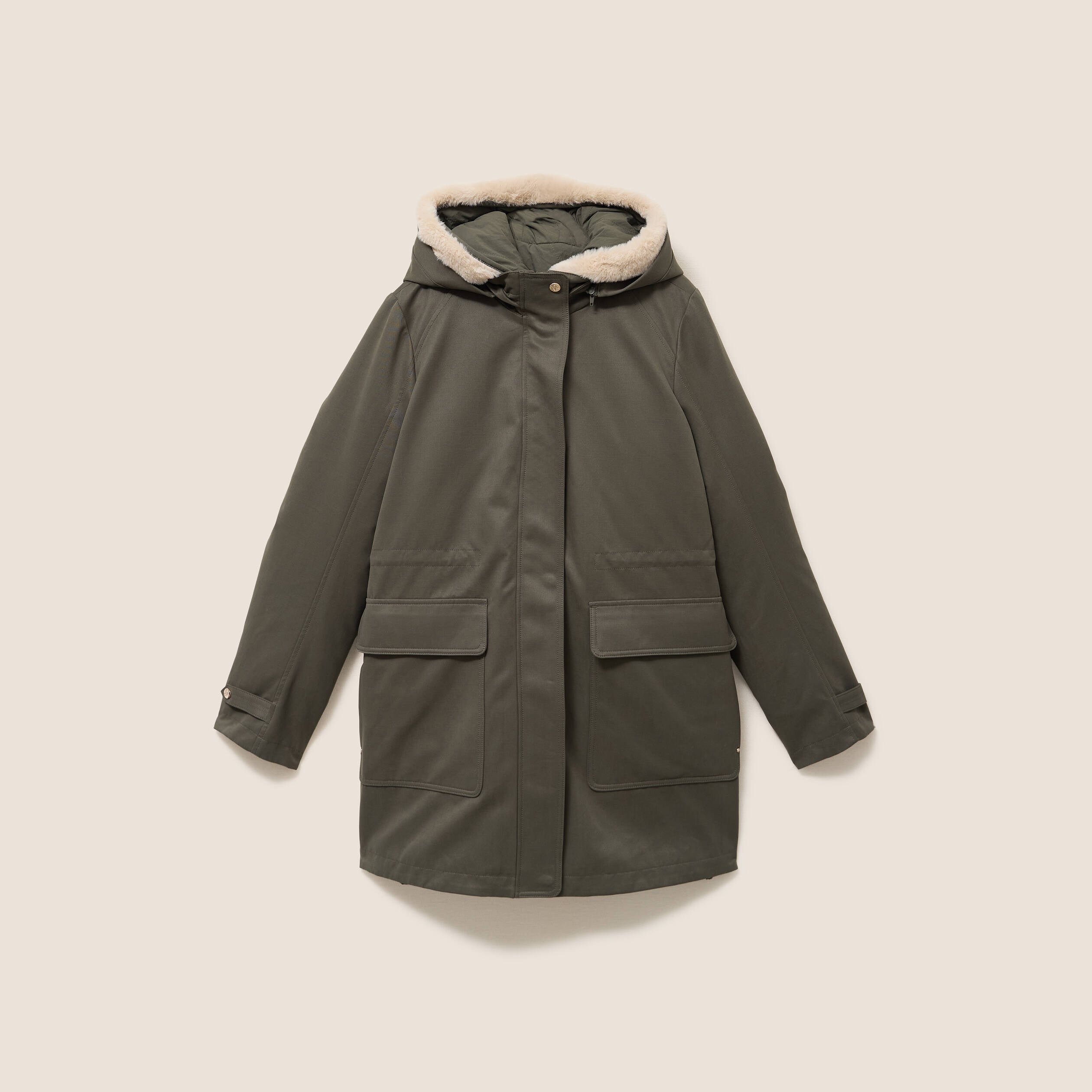 Parka cintr&eacute;e 4 en 1 avec capuche vert kaki femme