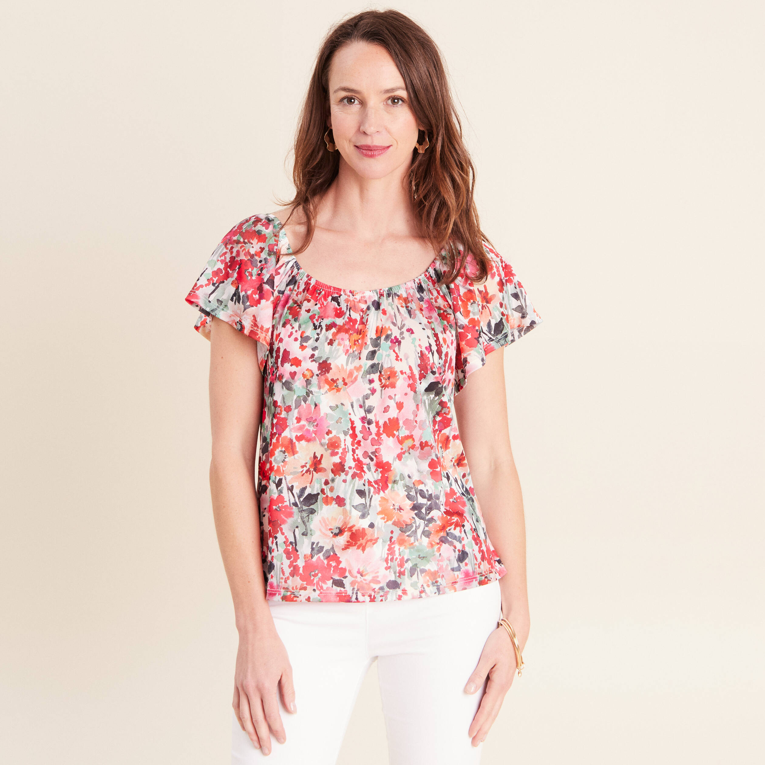 Blouse droite col rond manches courtes multicolore femme
