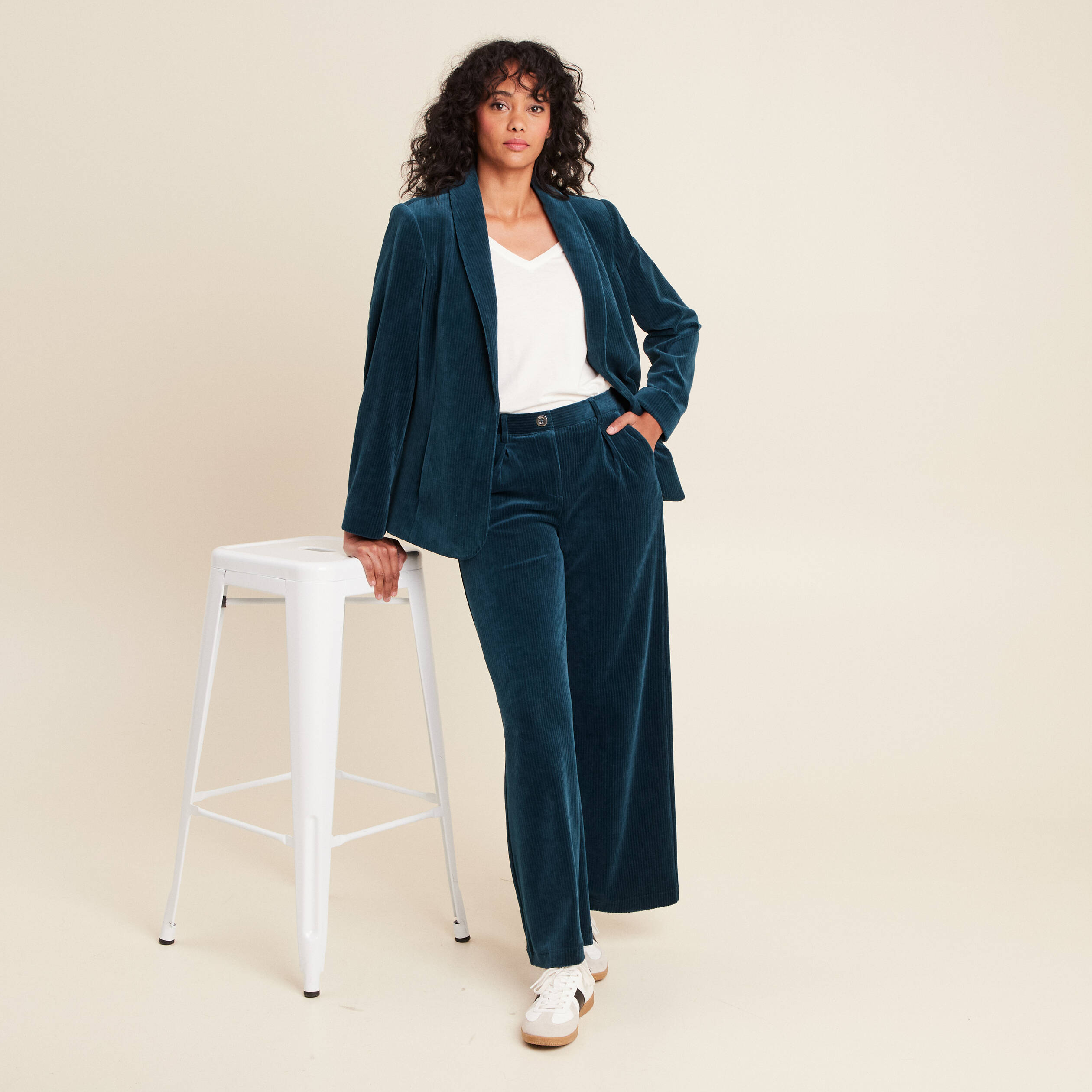 Veste tailleur velours bleu canard femme Vibs