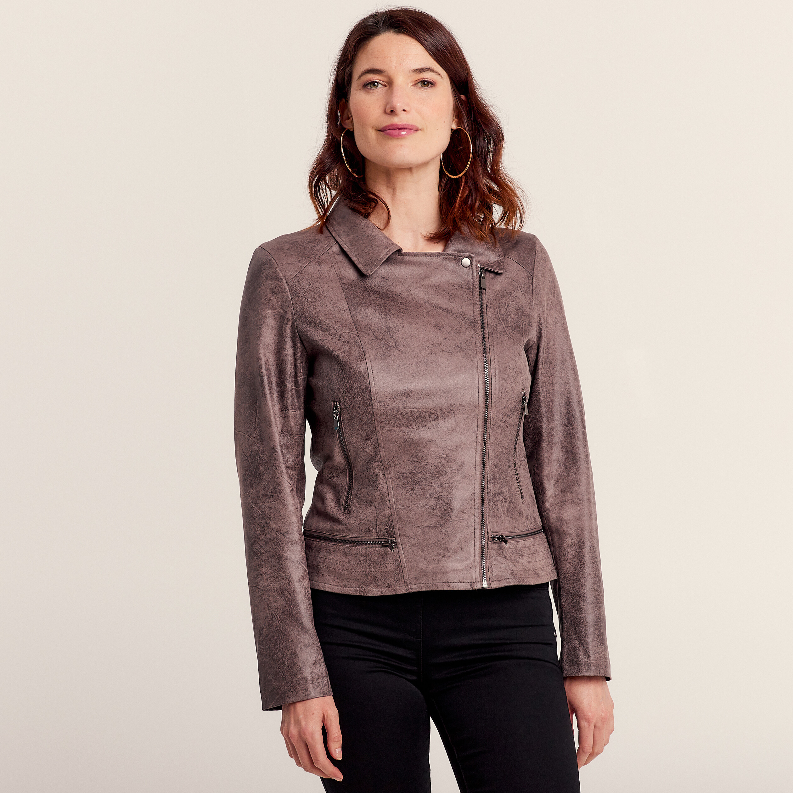 Veste esprit motard zippée taupe femme