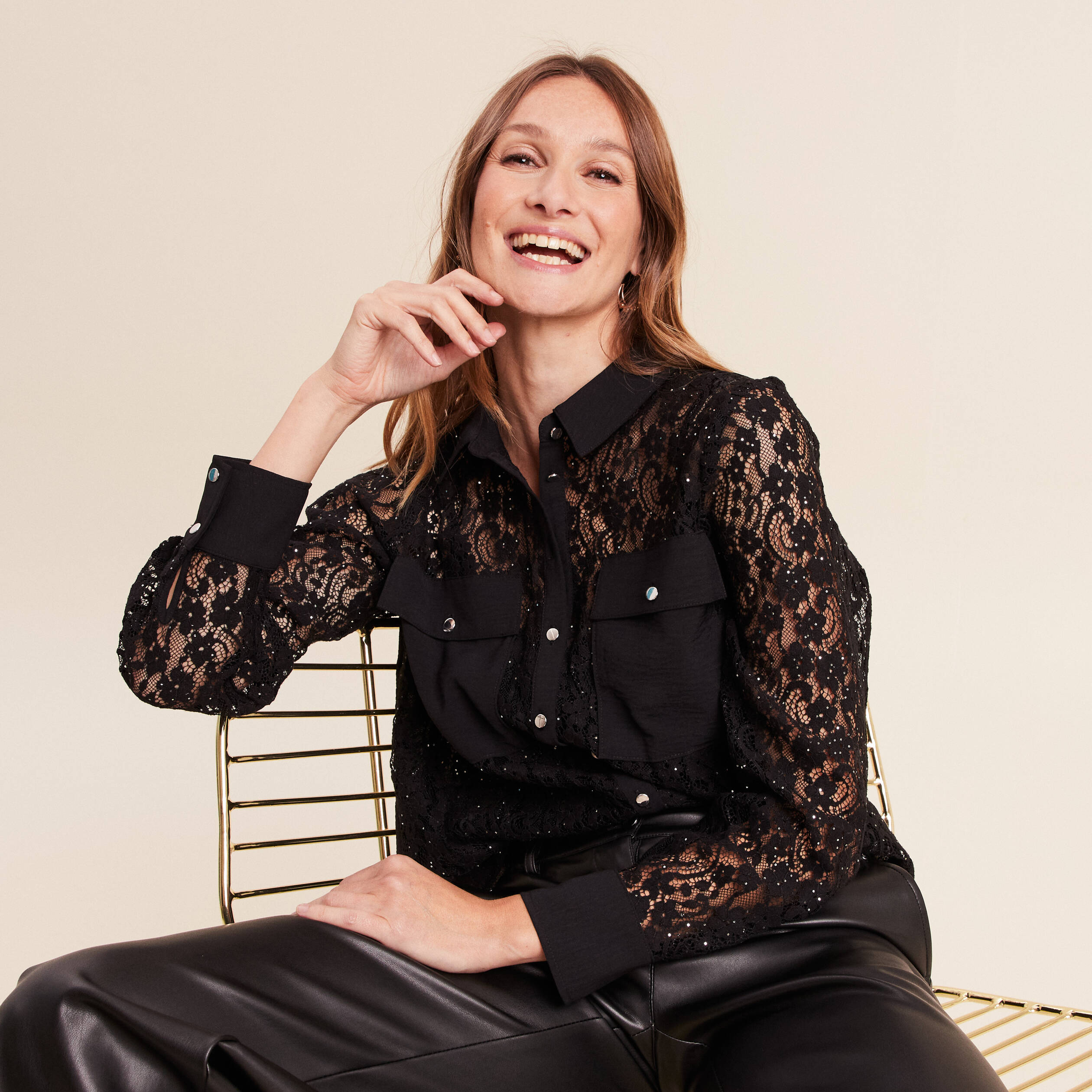 Chemise manches longues strass dentelle noir femme Vibs