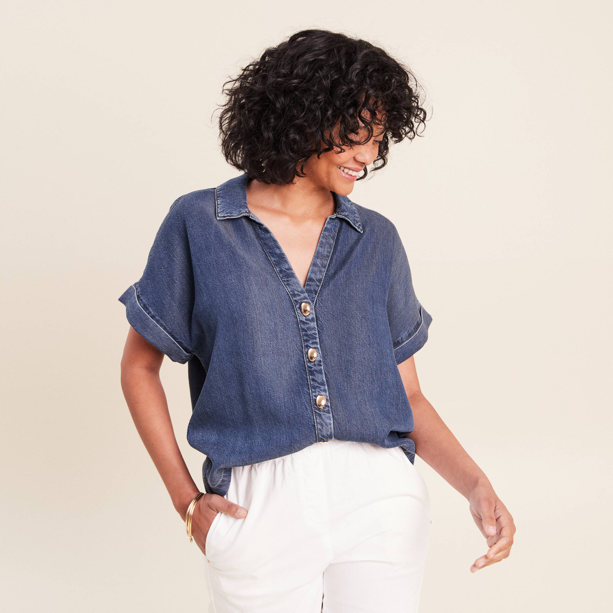 Chemise col chemise manches courtes denim double stone femme