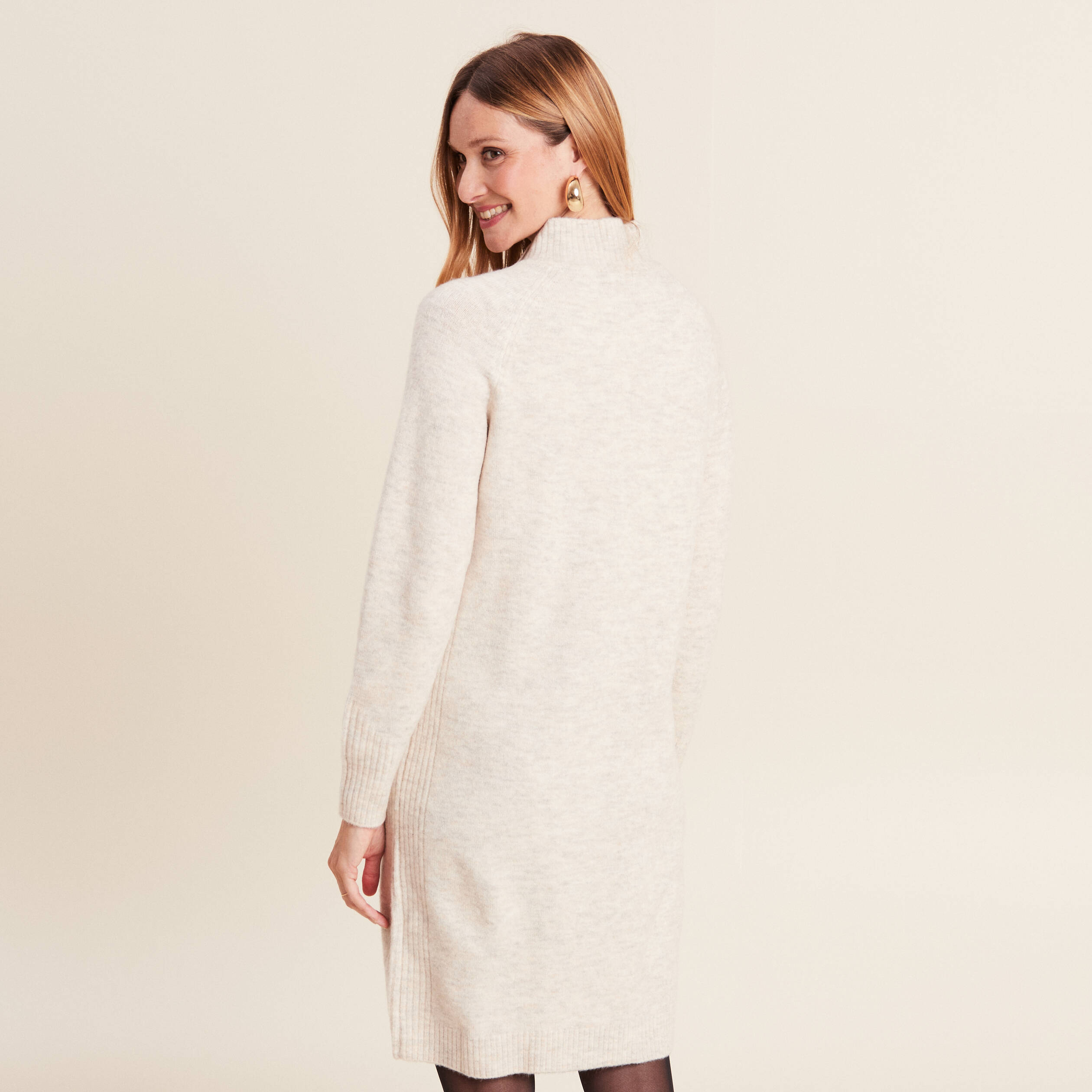 Robe pull droite col montant creme femme Vibs