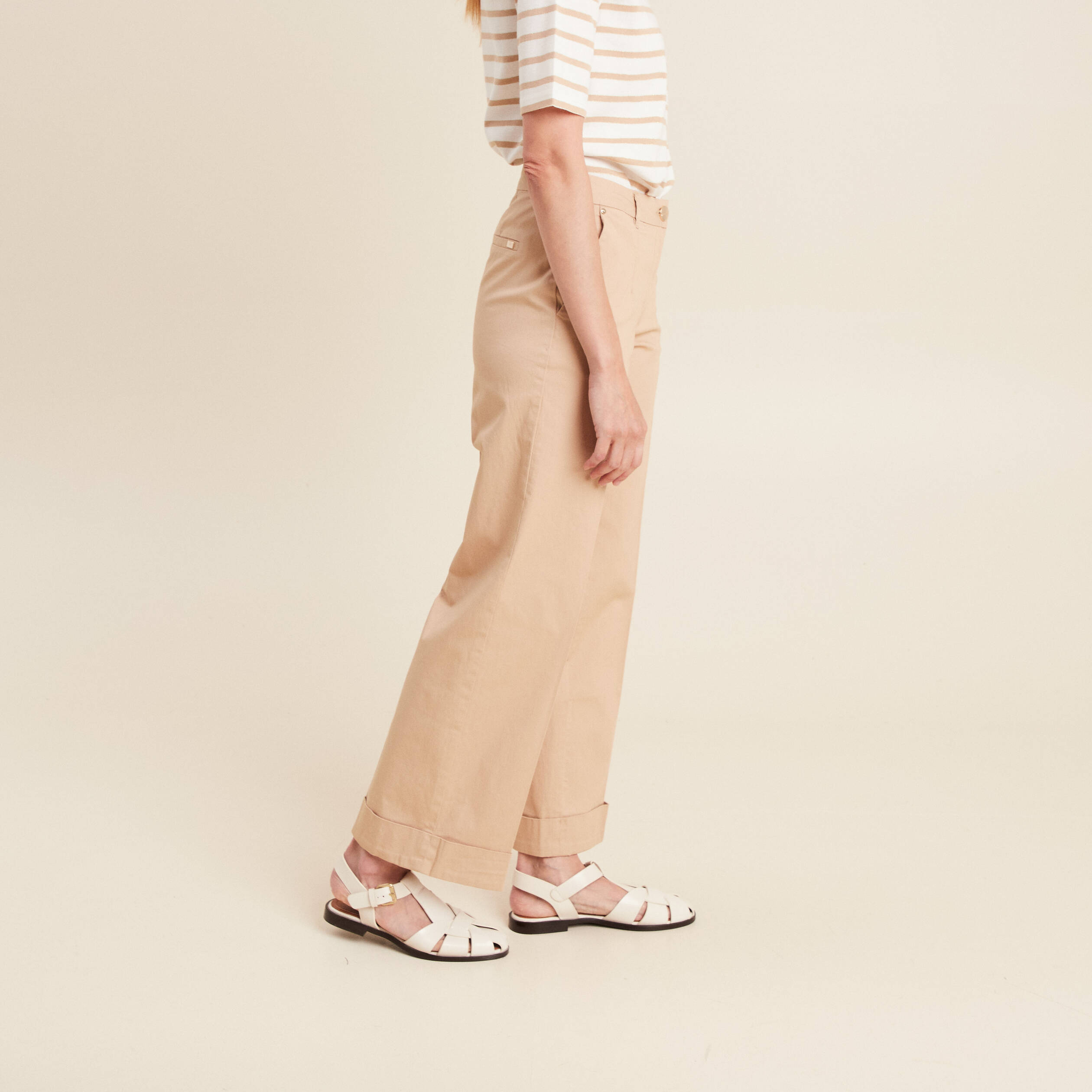 pantalon large taille basculee beige femme Pantalon large taille basculée beige femme