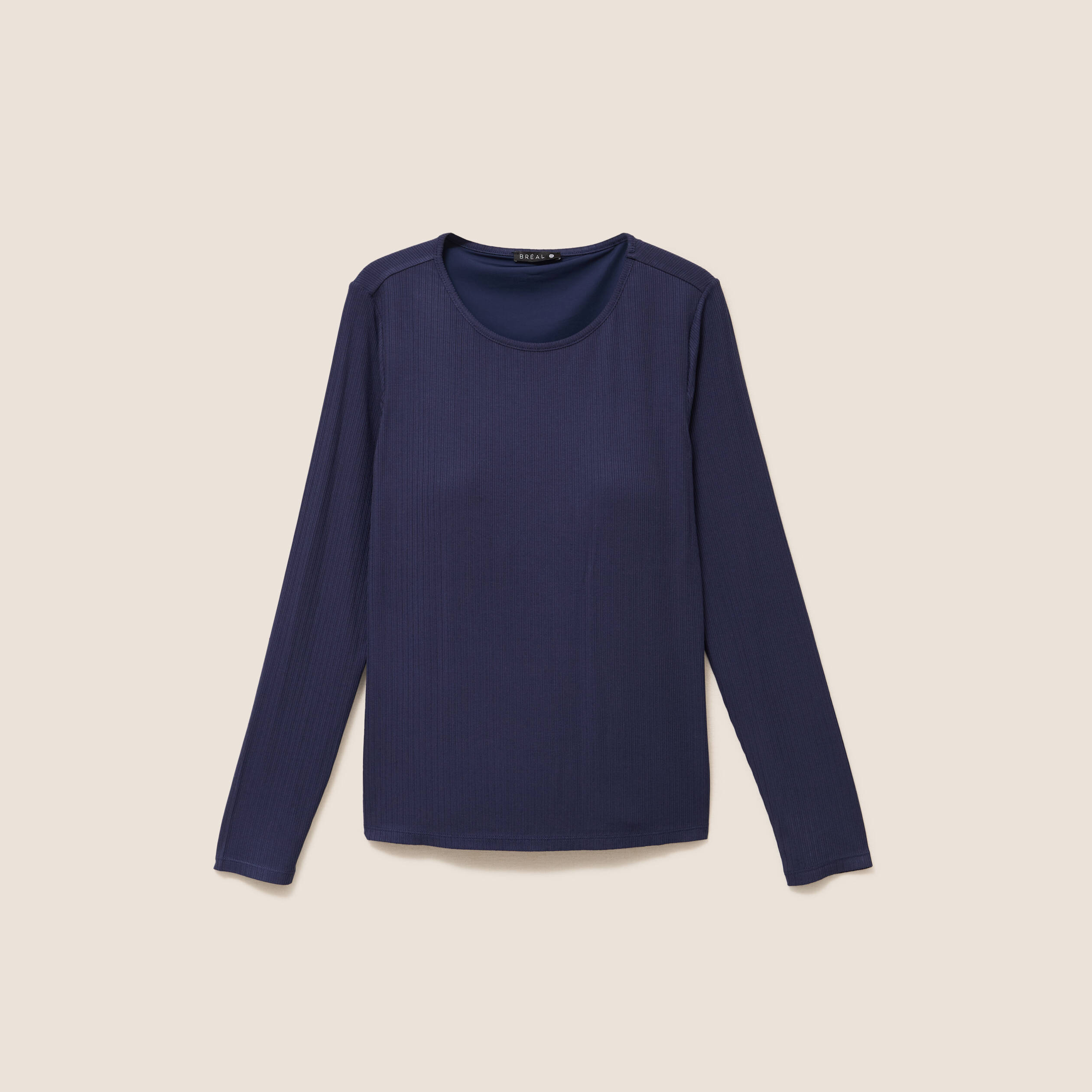 T-shirt ajust&eacute; col rond manches longues bleu marine femme