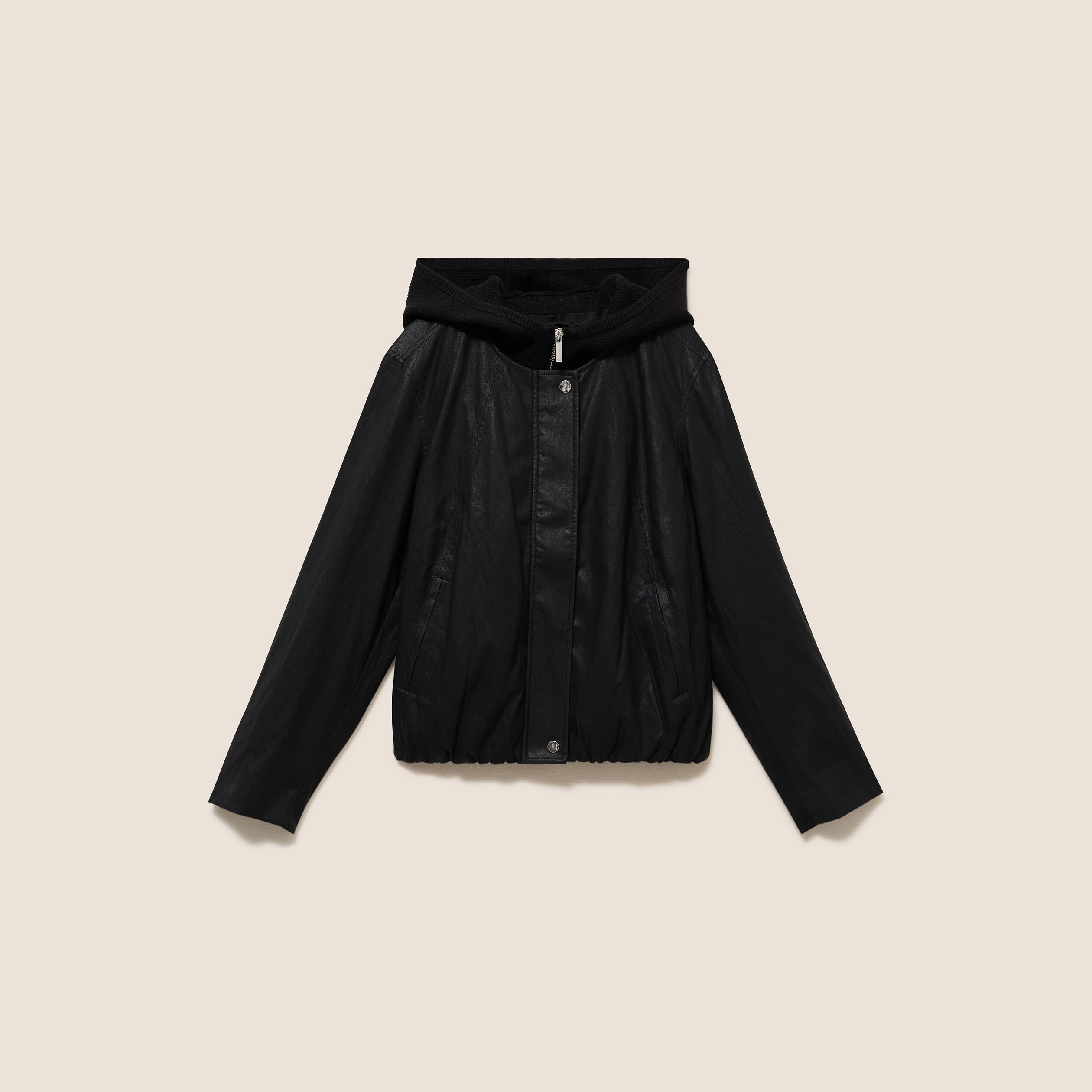 Blouson capuche bas resserr&eacute; similicuir noir femme