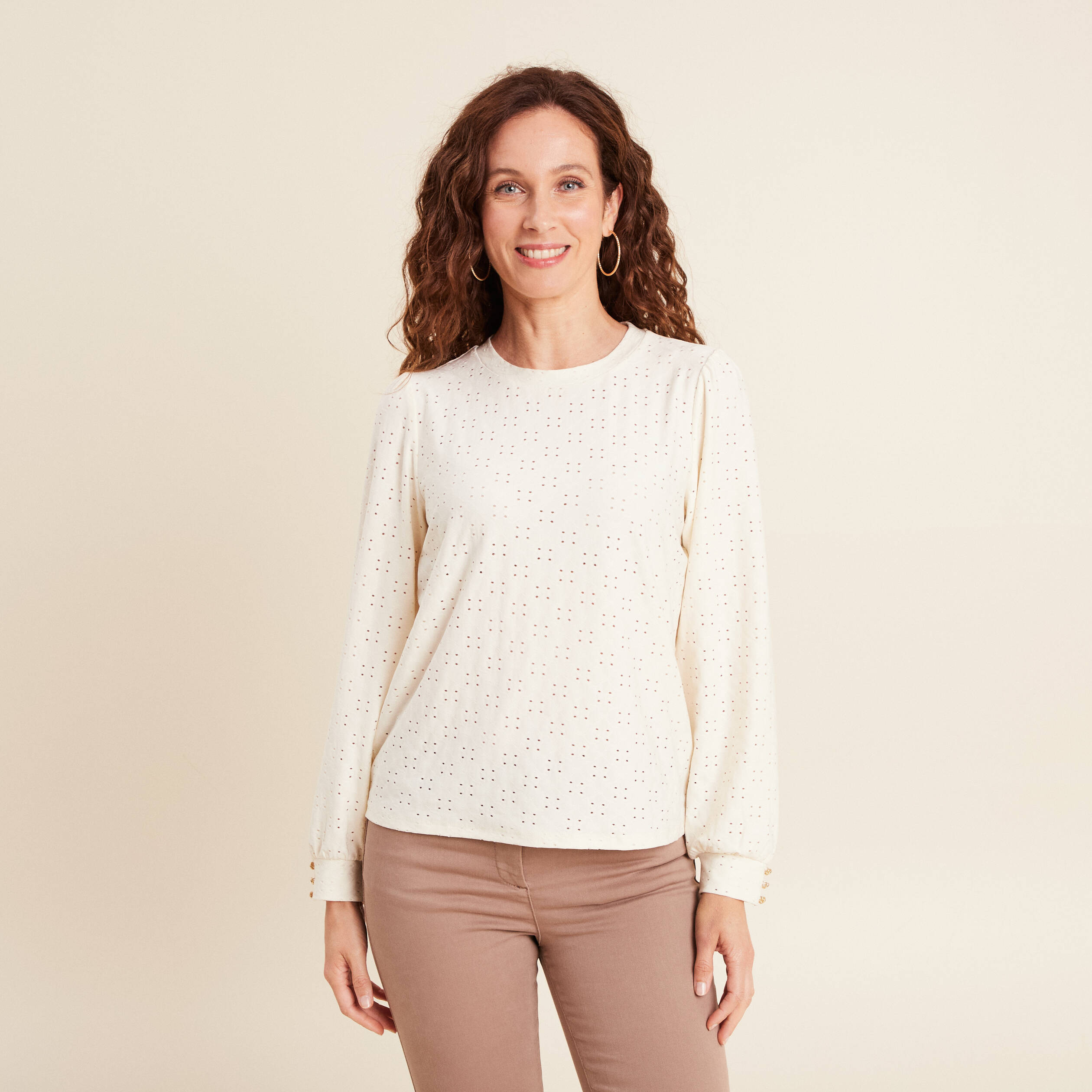 top dentelle col rond manches longues ecru femme Top dentelle col rond manches longues ecru femme