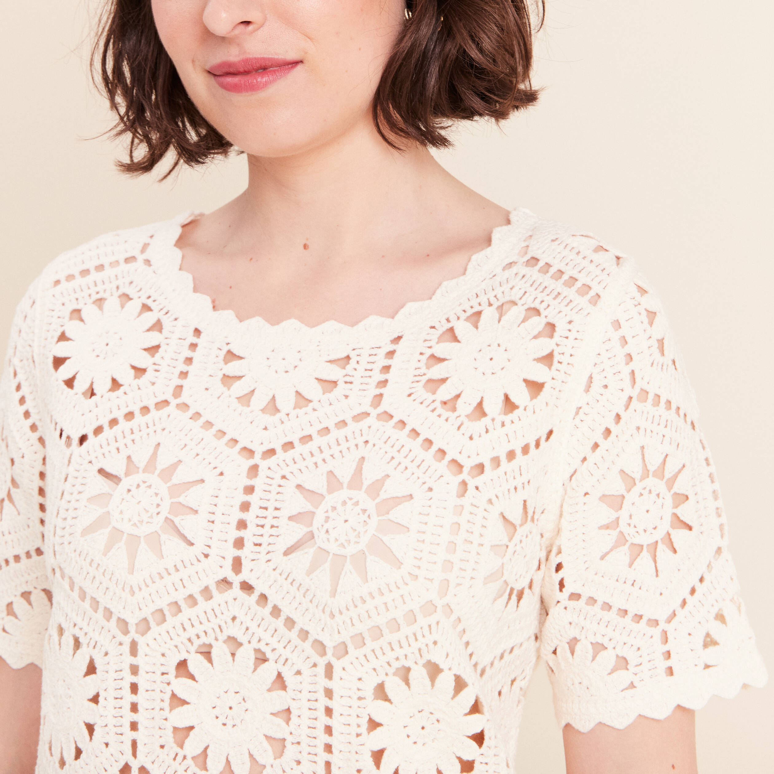 Pull col rond manches courtes dentelle ecru femme