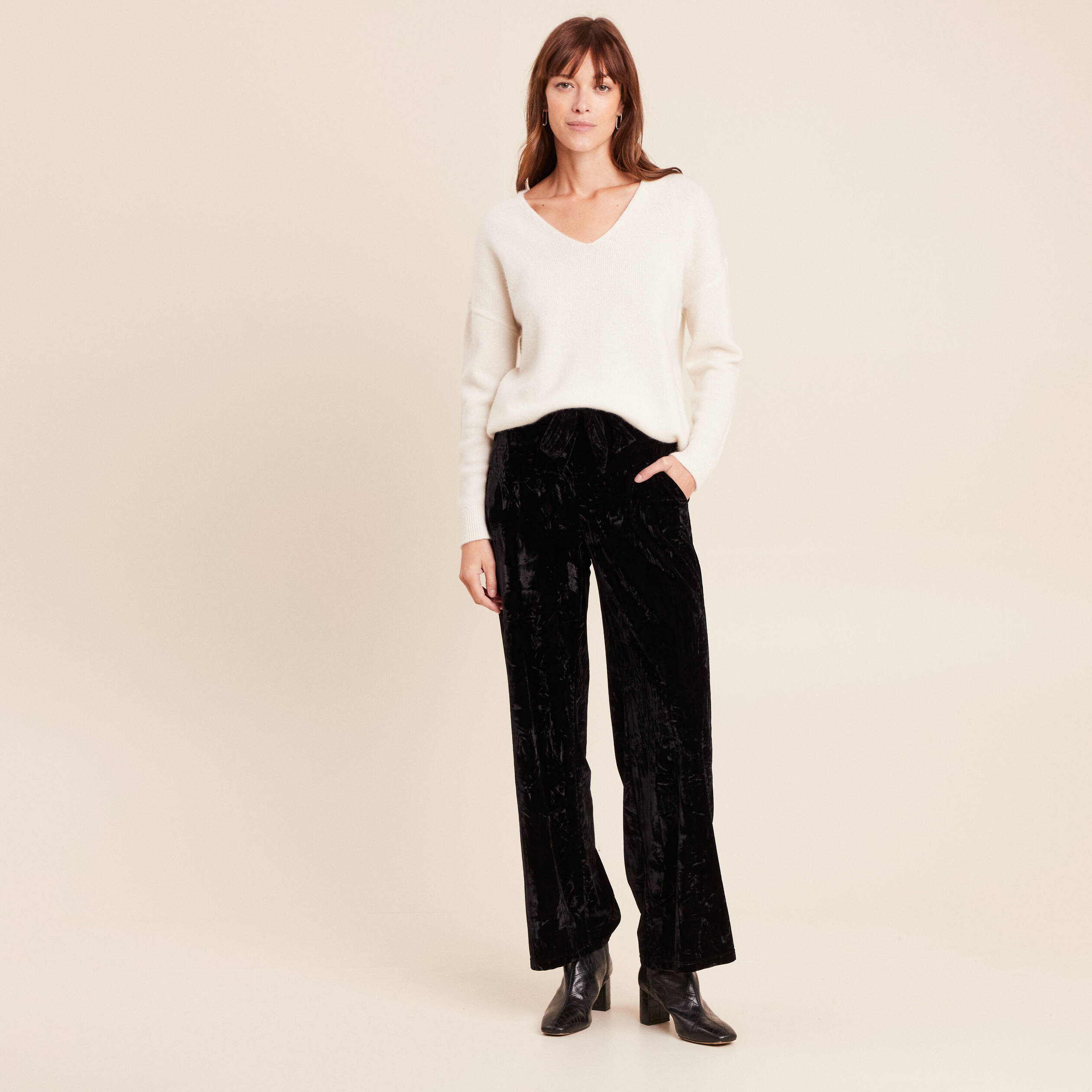 Pantalon large taille haute velours noir femme