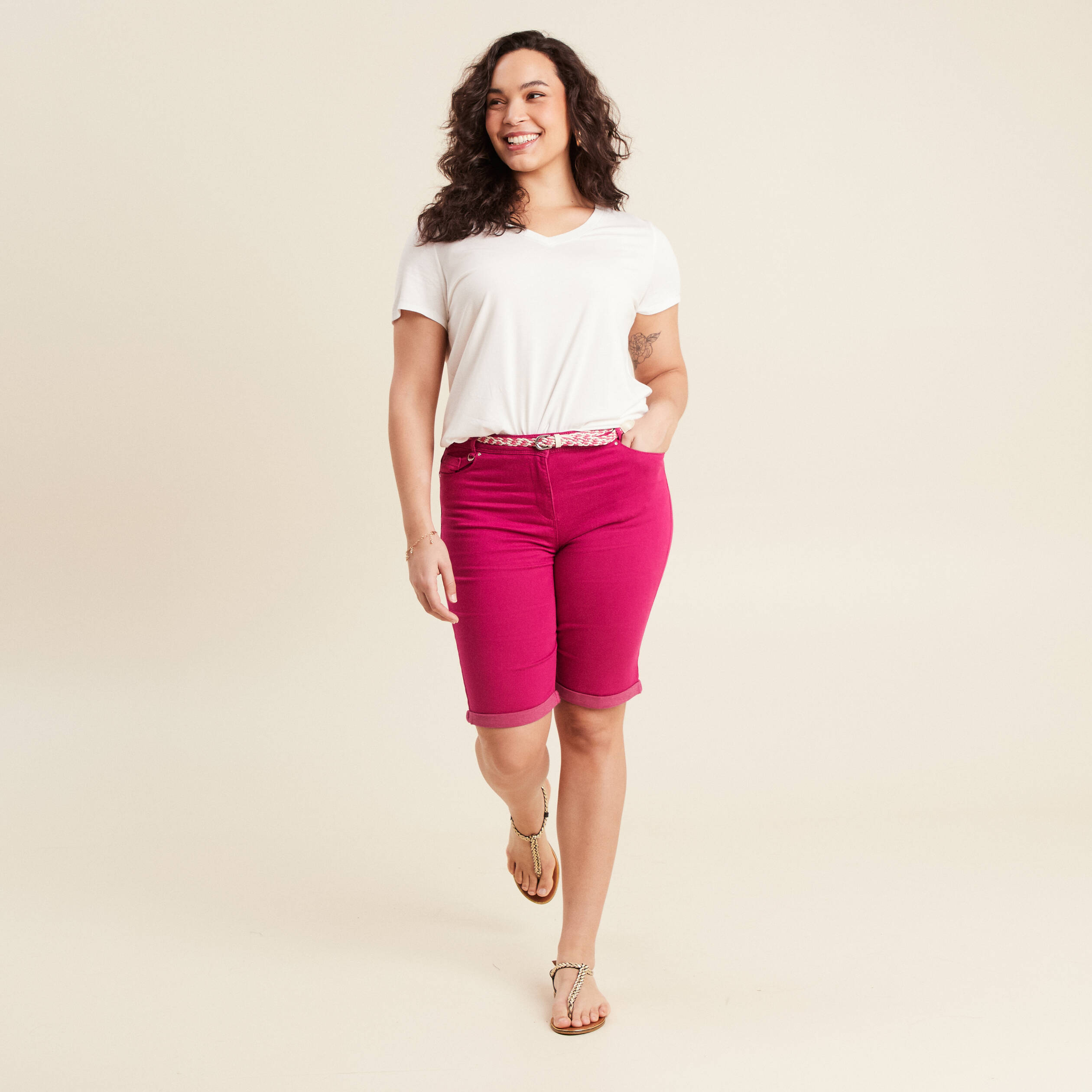 bermuda ajuste ceinture rose fushia femme Bermuda ajusté ceinturé rose fushia femme
