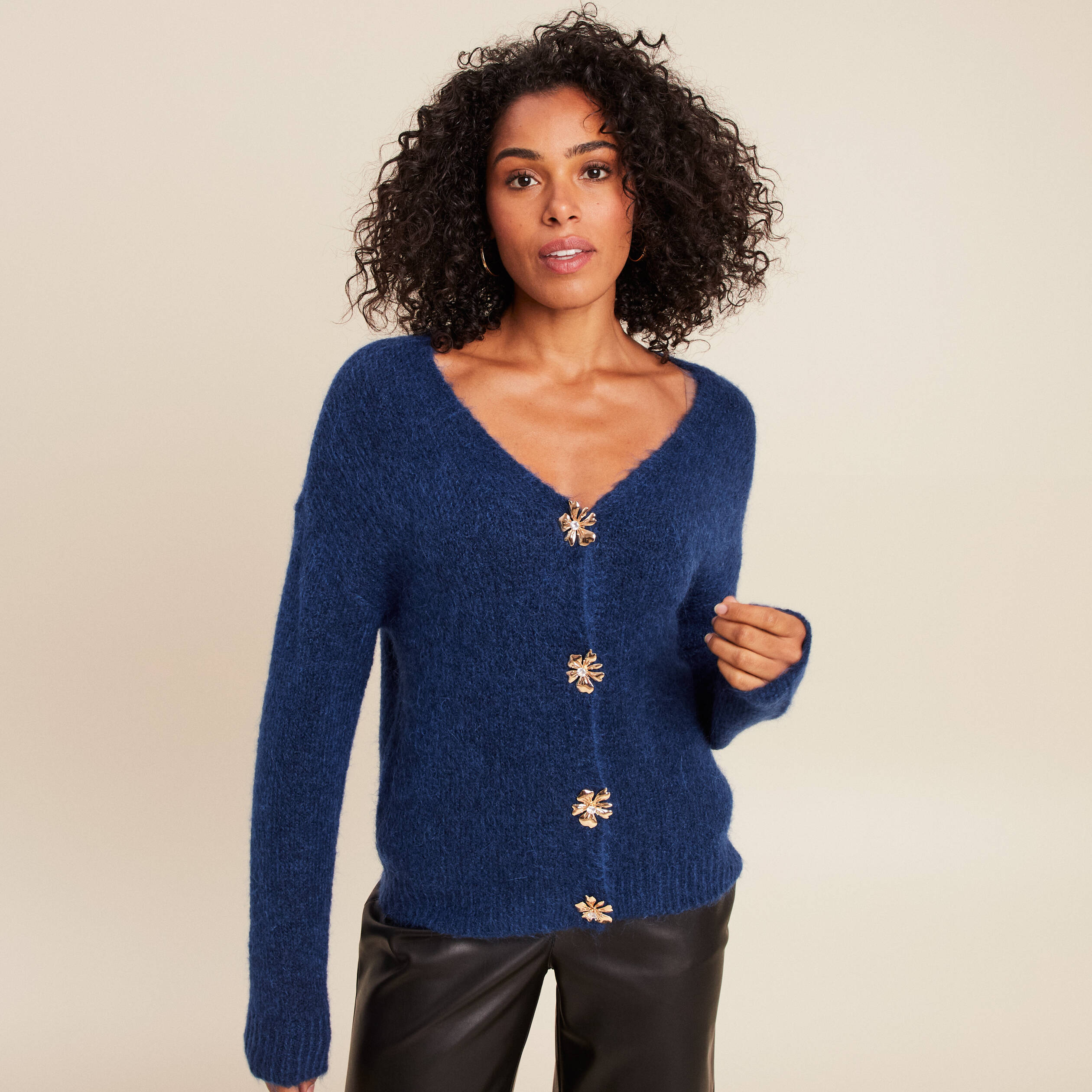 Gilet droit mi-long manches longues bleu marine femme Vibs