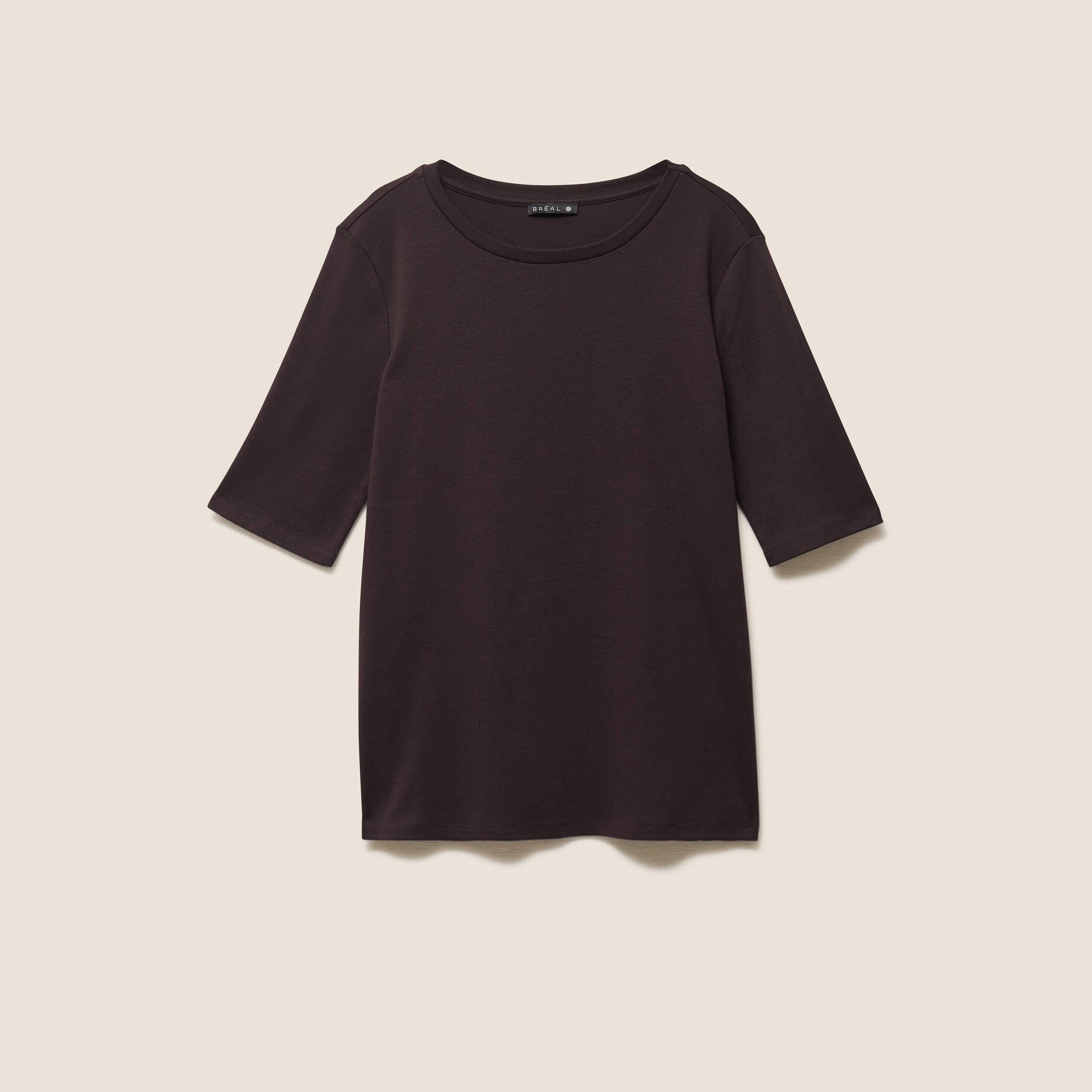 T-shirt ajust&eacute; col rond manches coudes marron fonc&eacute; femme
