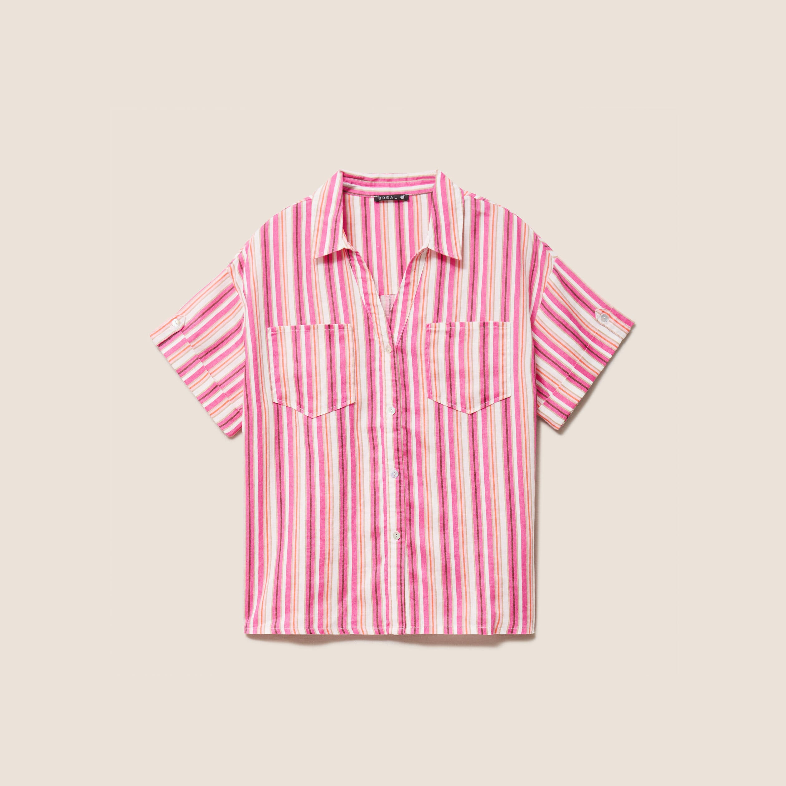 Chemise ample manches courtes aspect lin rose femme