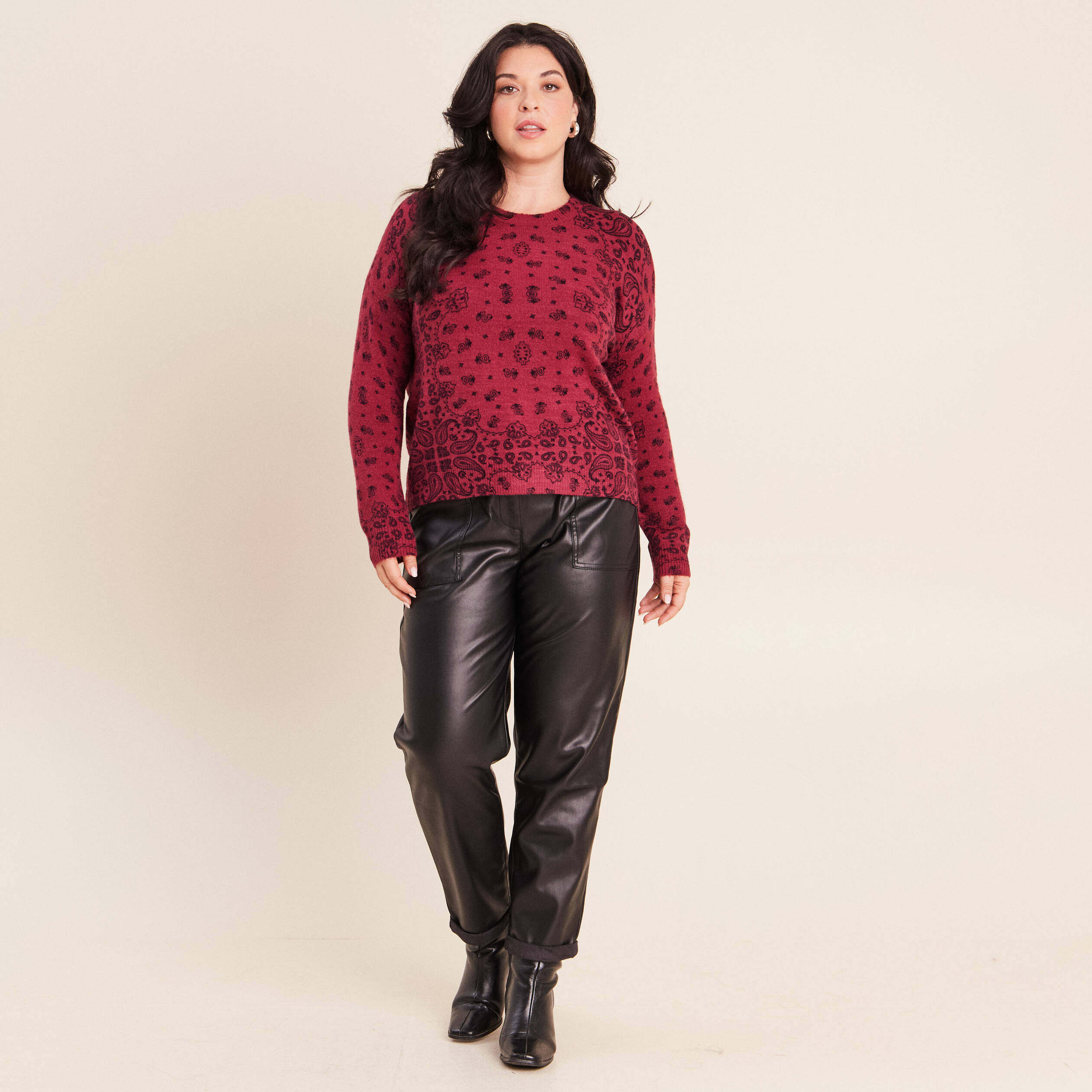Pull col rond bordeaux femme