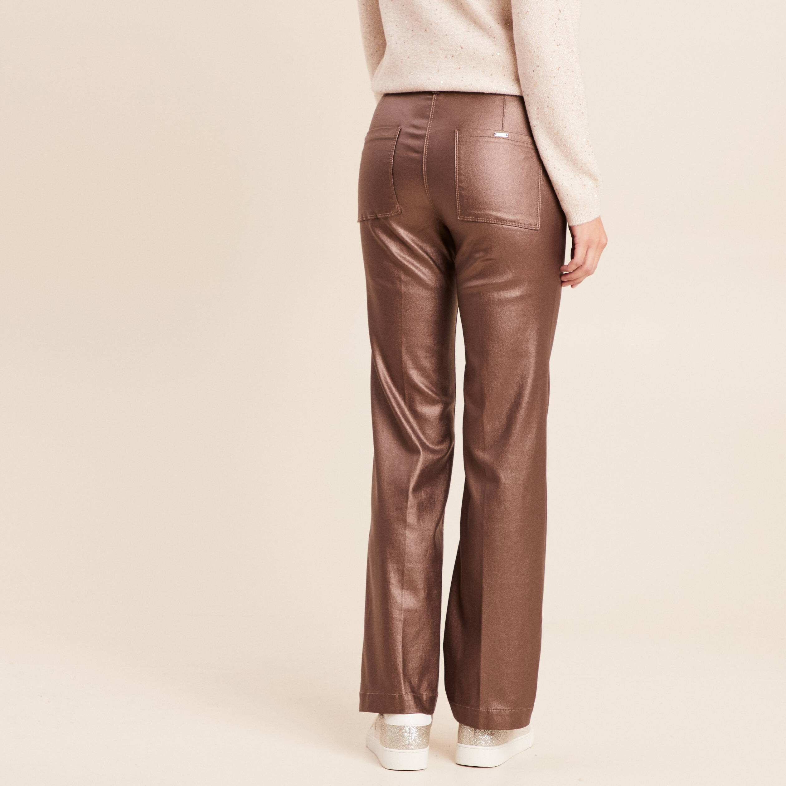 Pantalon enduit coupe large marron fonc&eacute; femme